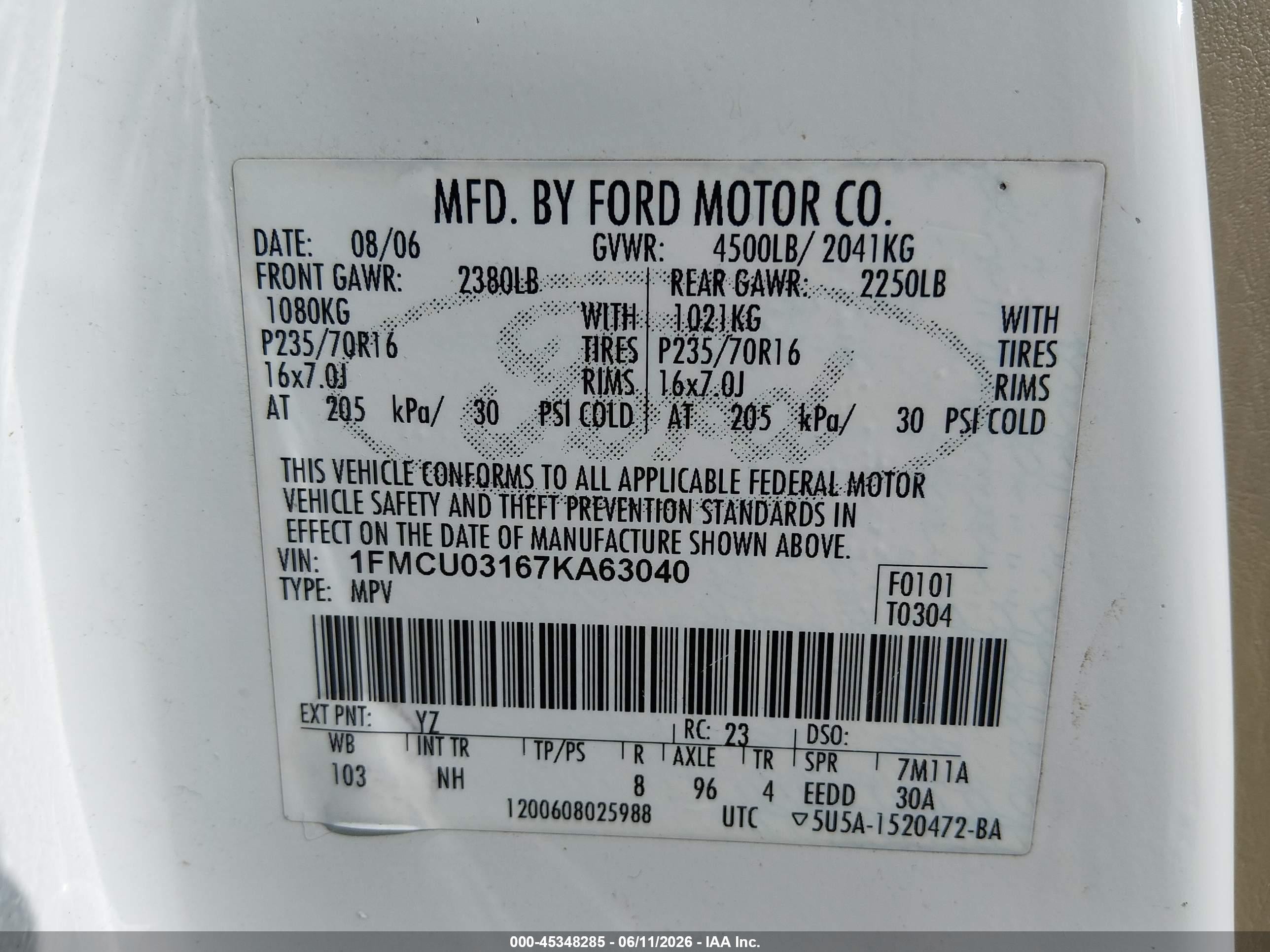 2007 Ford Escape Xlt/xlt Sport Белый vin: 1FMCU03167KA63040