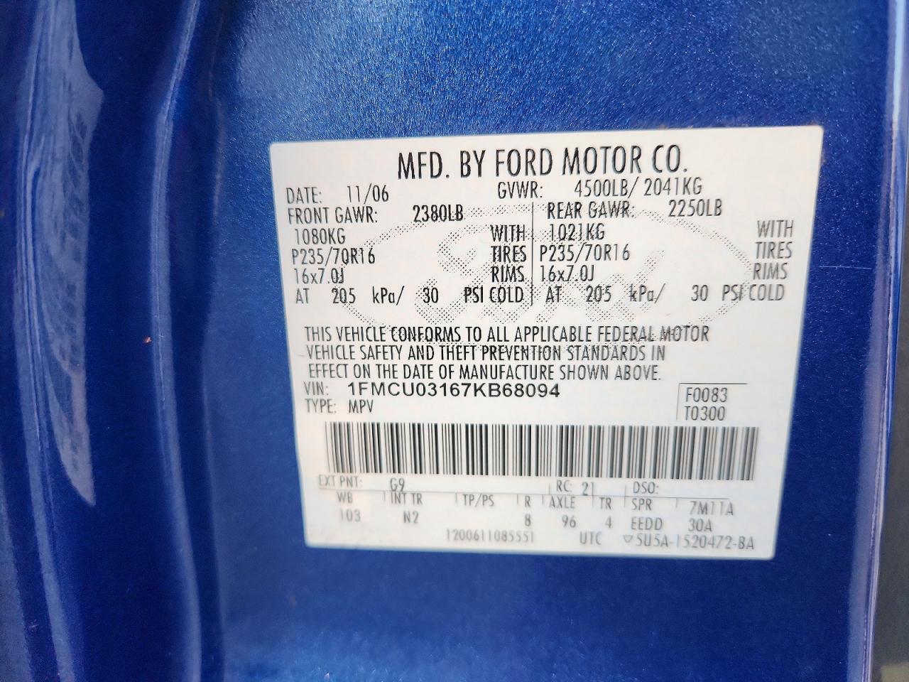 2007 Ford Escape Xlt Blue vin: 1FMCU03167KB68094