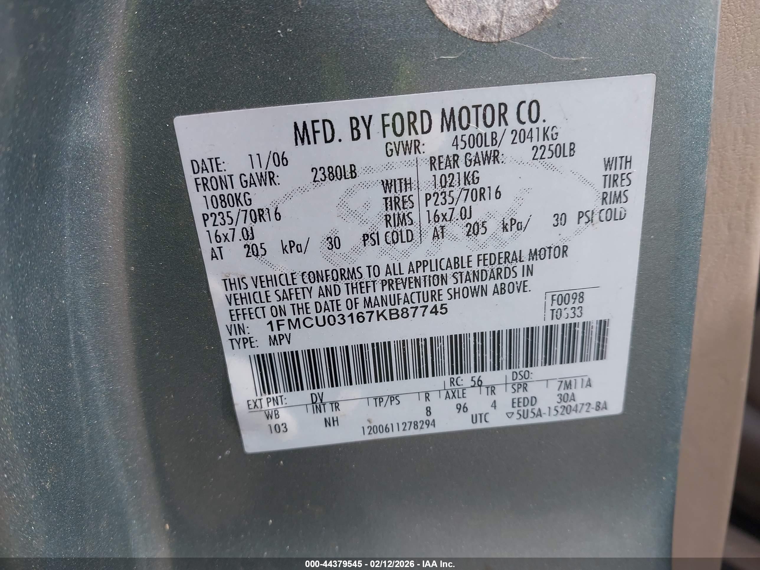 2007 Ford Escape   Pewter vin: 1FMCU03167KB87745