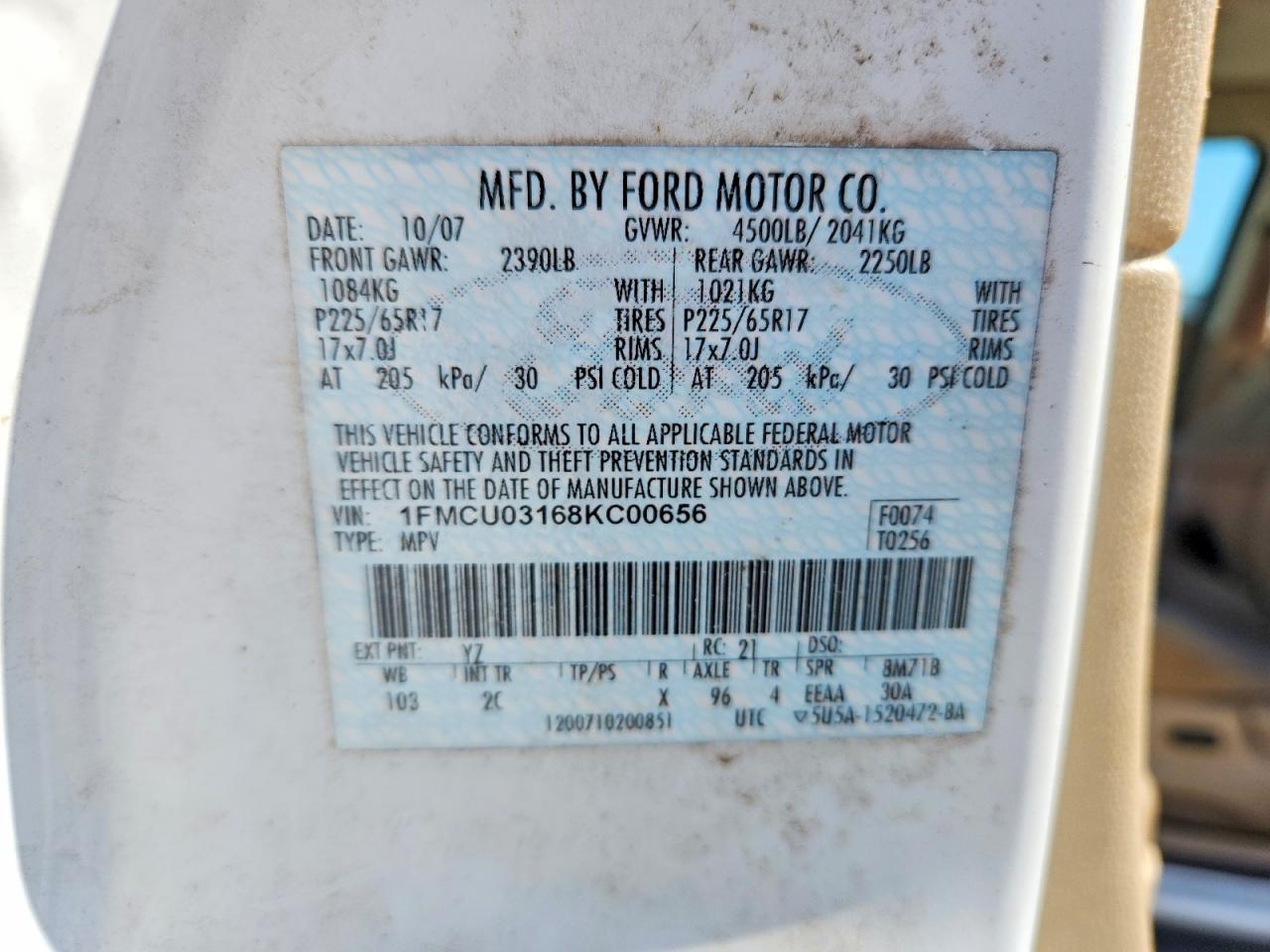 2008 Ford Escape Xlt Белый vin: 1FMCU03168KC00656