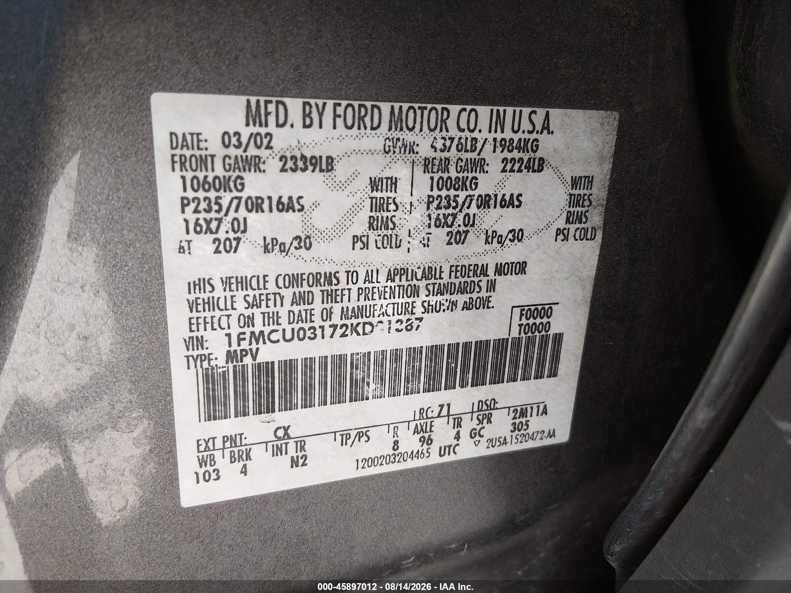 2002 Ford Escape Xlt Gray vin: 1FMCU03172KD01387