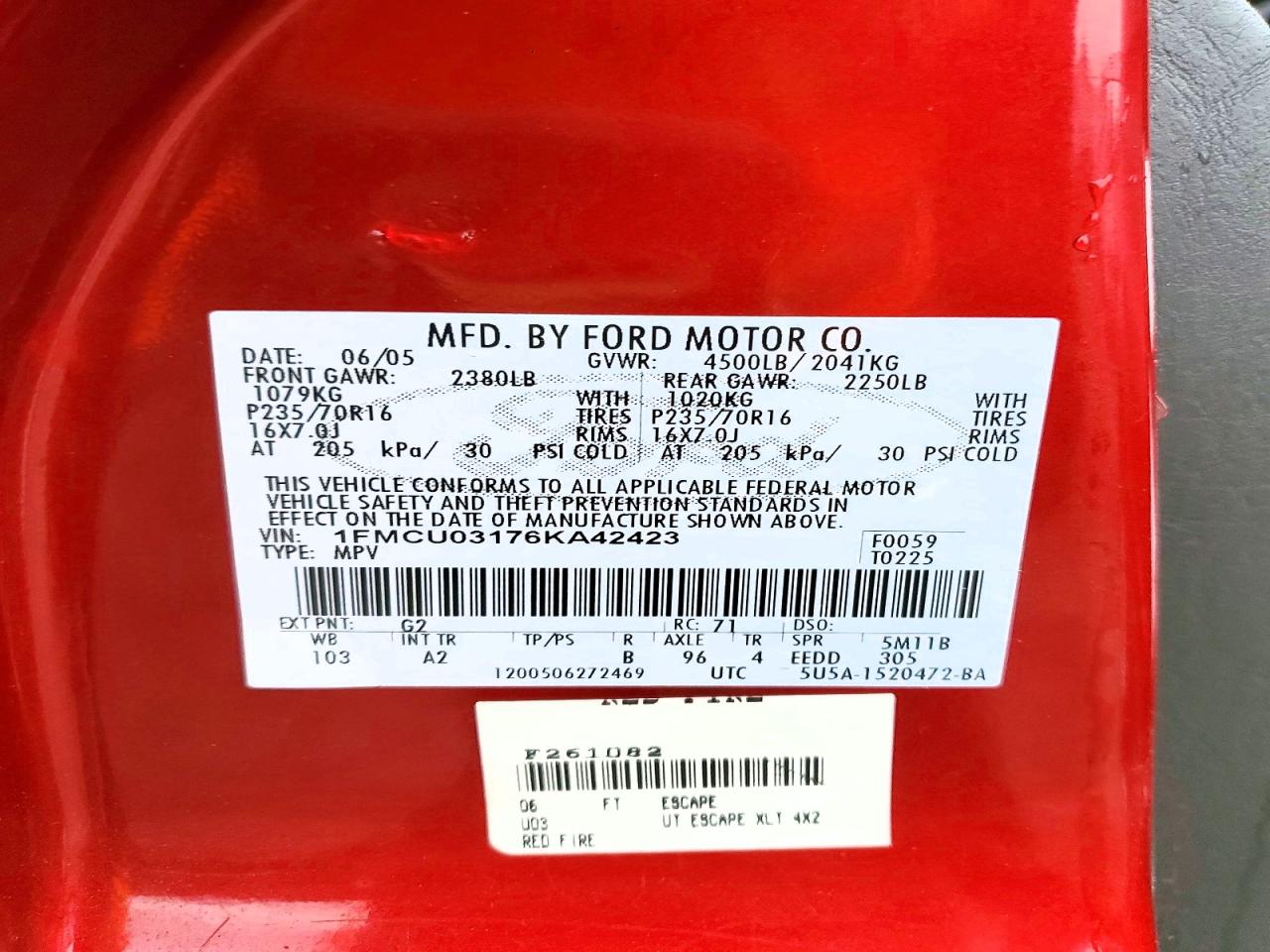 2006 Ford Escape Xlt Red vin: 1FMCU03176KA42423