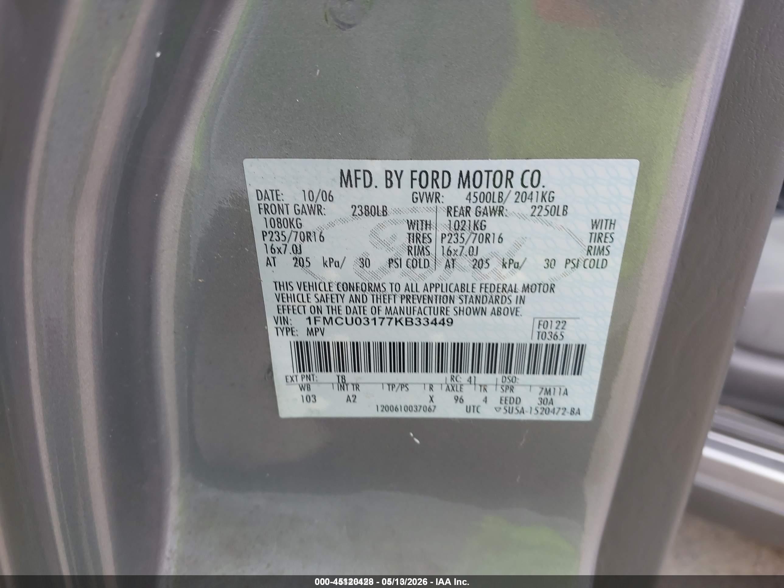 2007 Ford Escape Xlt/xlt Sport Gray vin: 1FMCU03177KB33449