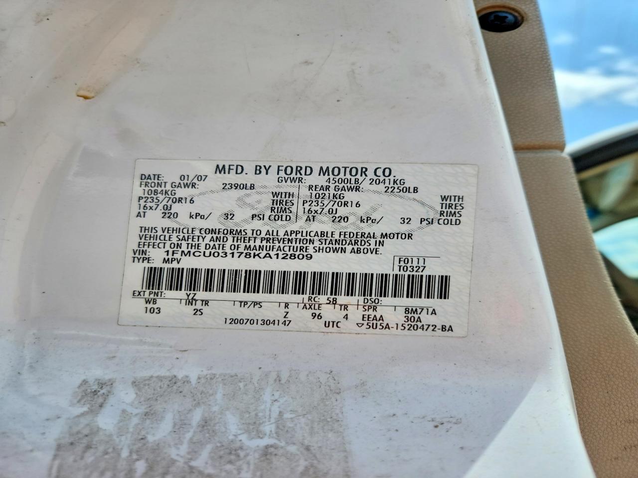 2008 Ford Escape Xlt White vin: 1FMCU03178KA12809