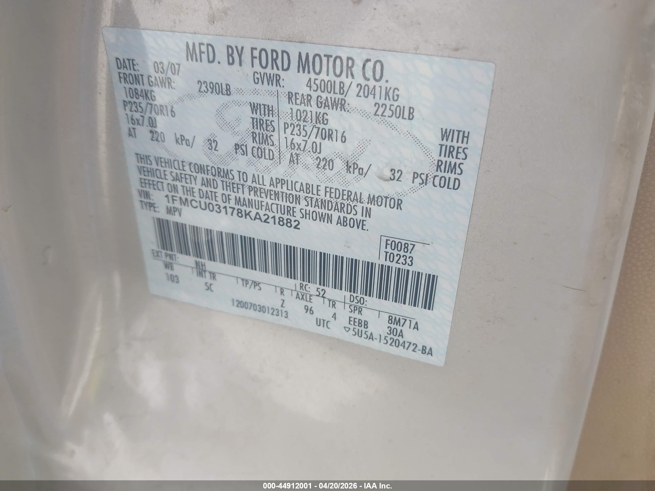 2008 Ford Escape Xlt Champagne vin: 1FMCU03178KA21882