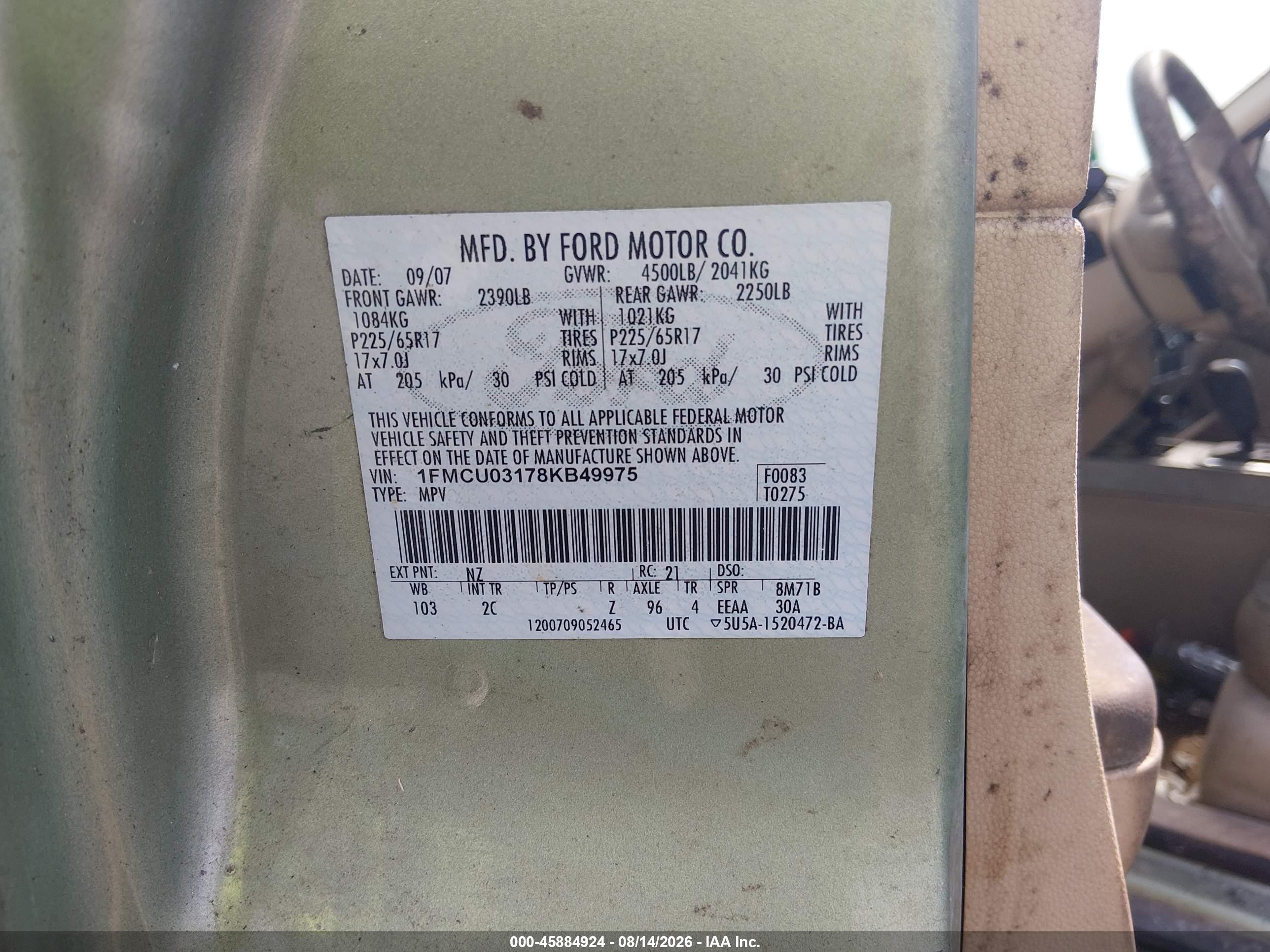 2008 Ford Escape Xlt Green vin: 1FMCU03178KB49975