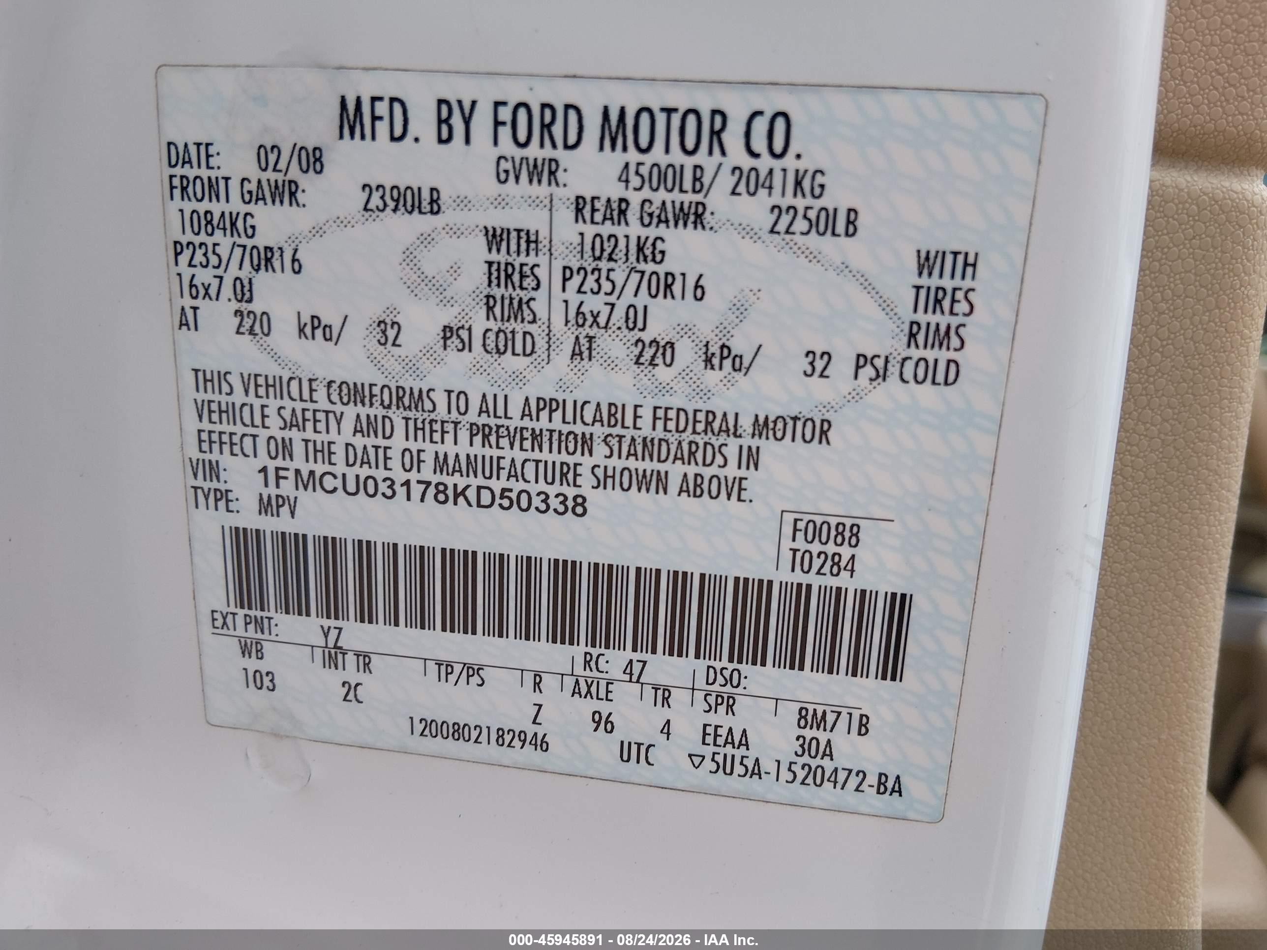 2008 Ford Escape Xlt White vin: 1FMCU03178KD50338