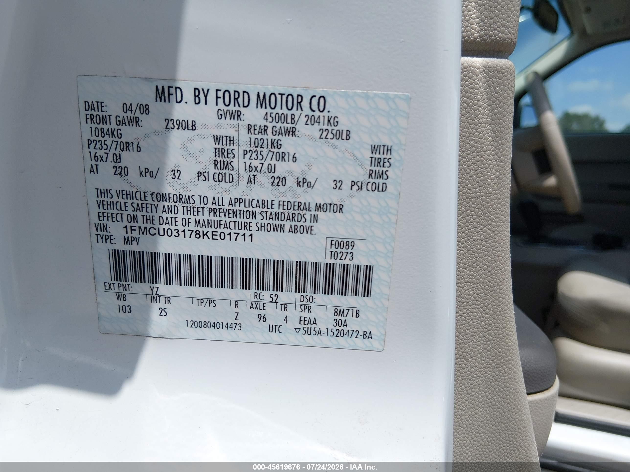 2008 Ford Escape Xlt White vin: 1FMCU03178KE01711