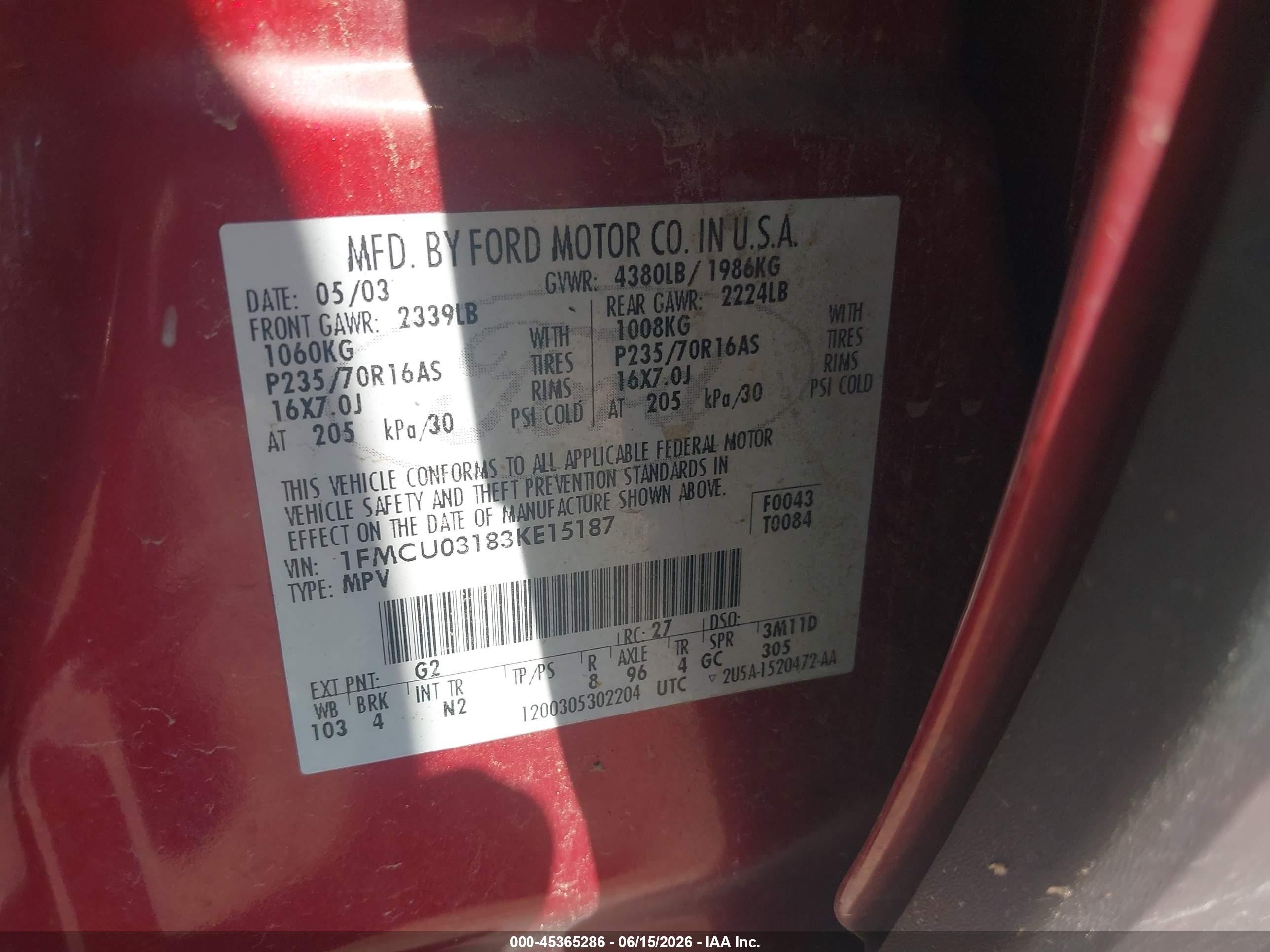 2003 Ford Escape Xlt Red vin: 1FMCU03183KE15187