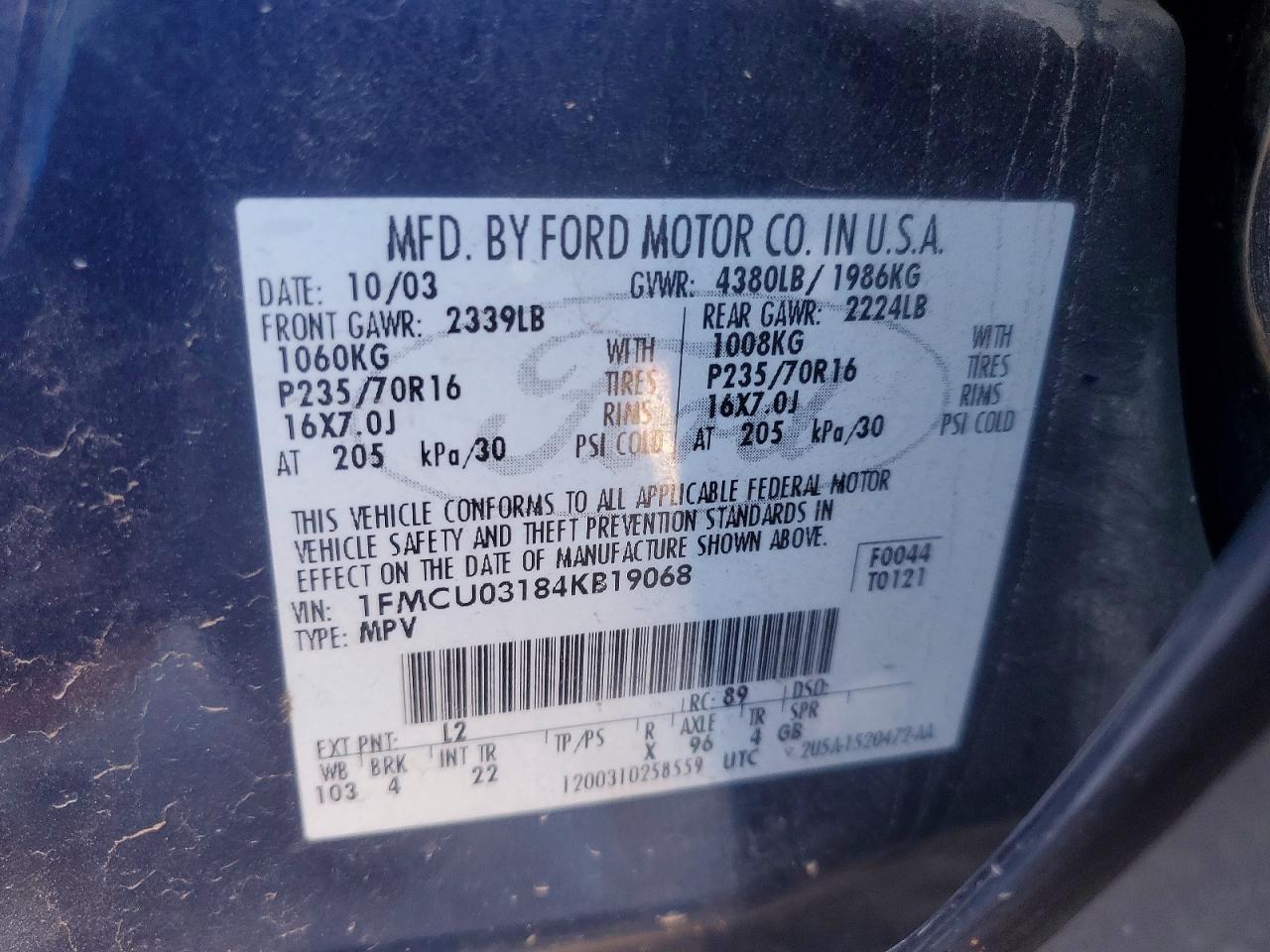 2004 Ford Escape Xlt Blue vin: 1FMCU03184KB19068