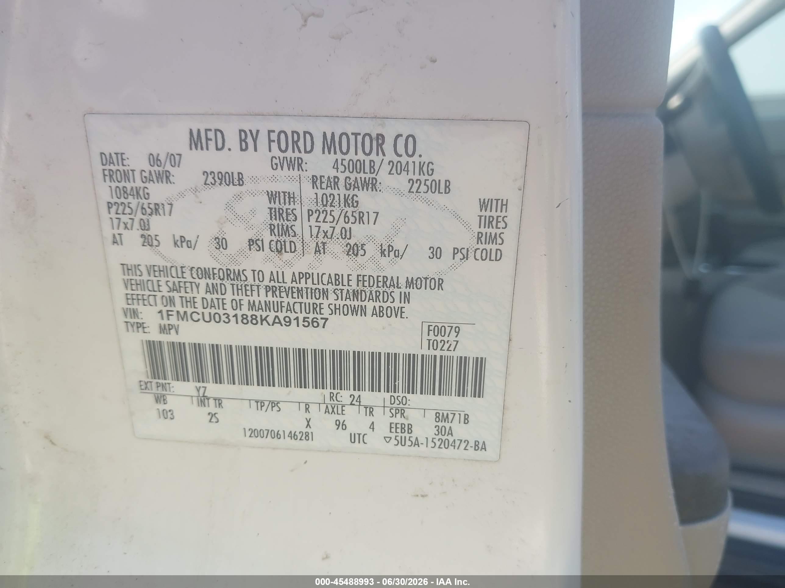 2008 Ford Escape Xlt White vin: 1FMCU03188KA91567
