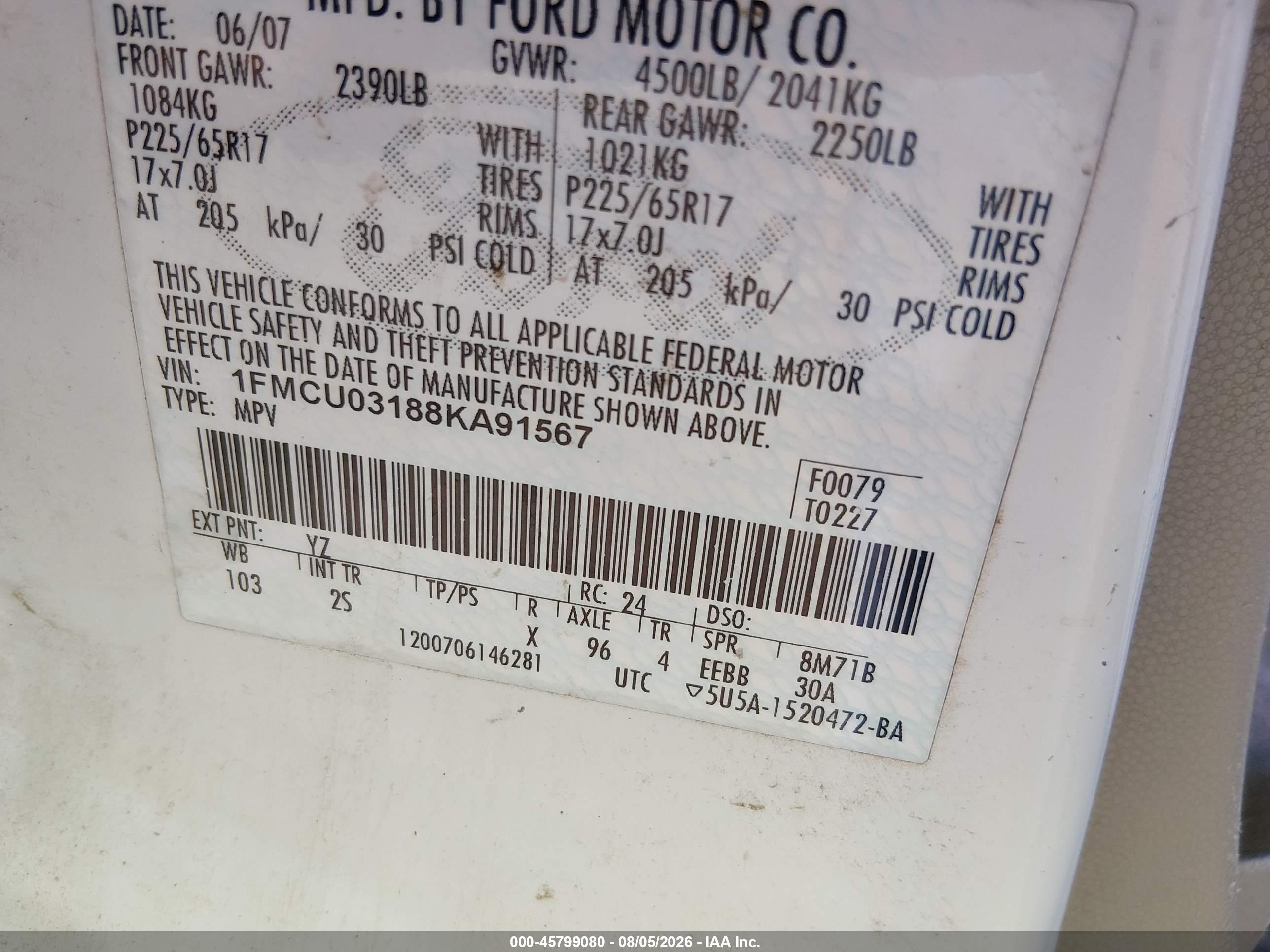 2008 Ford Escape Xlt White vin: 1FMCU03188KA91567