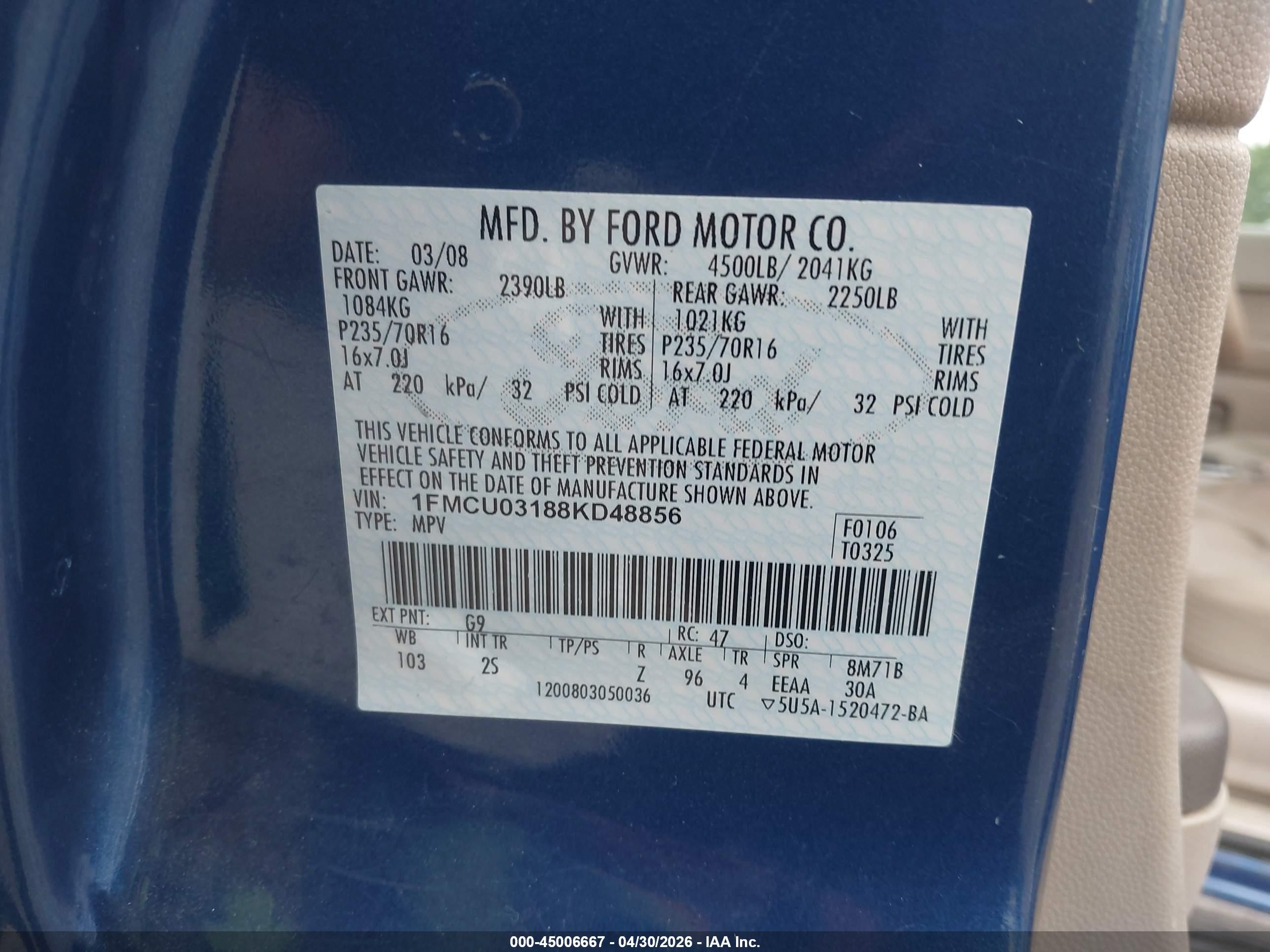 2008 Ford Escape Xlt Blue vin: 1FMCU03188KD48856