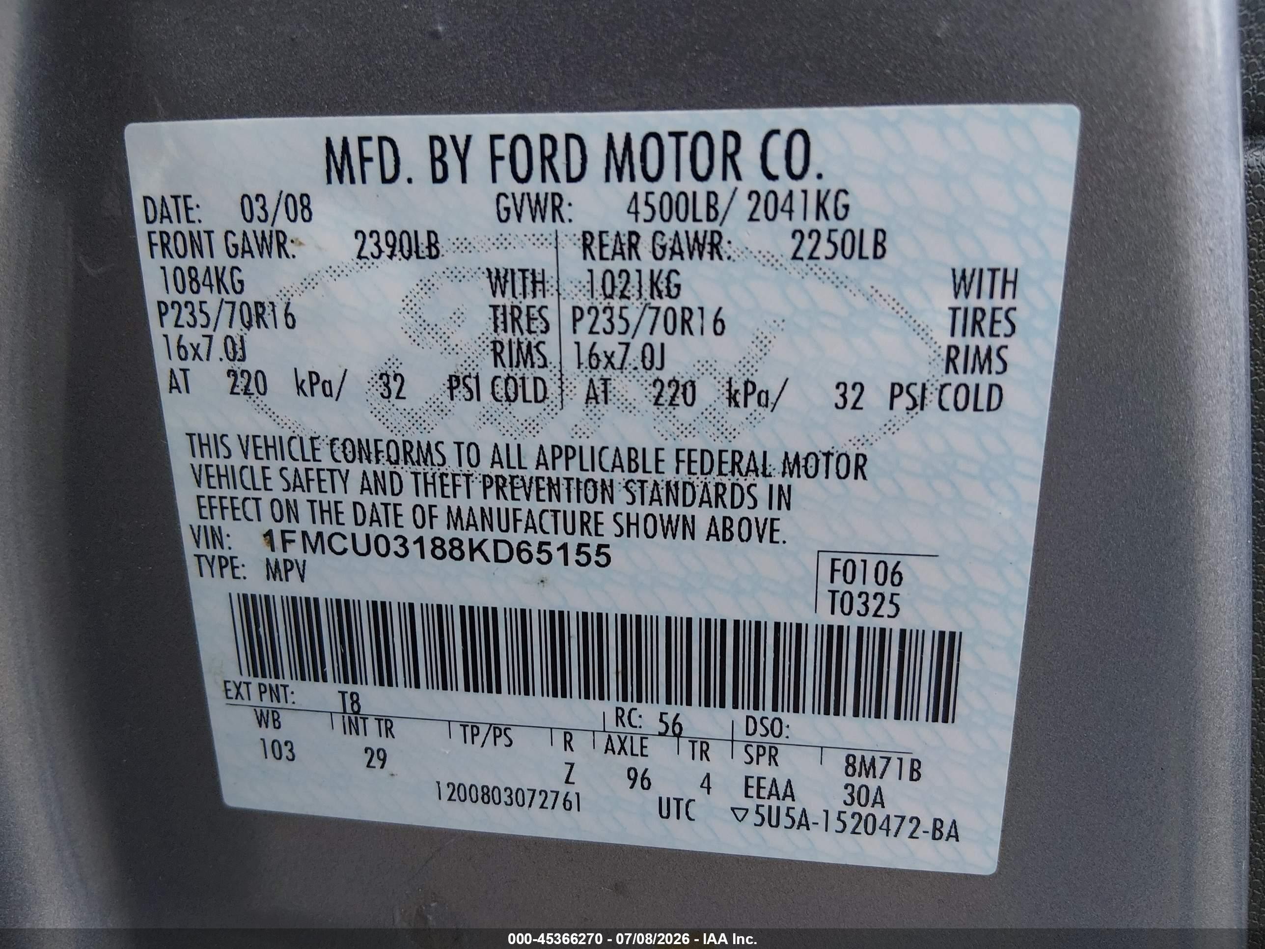 2008 Ford Escape Xlt Серый vin: 1FMCU03188KD65155