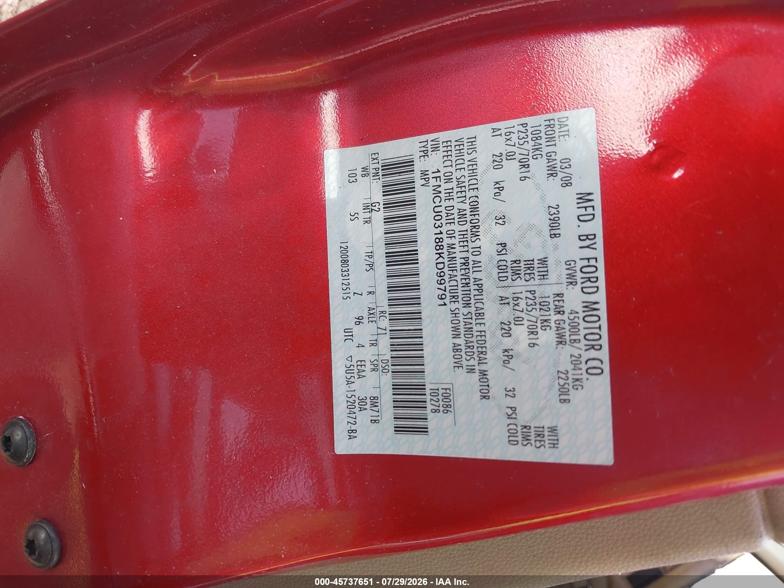 2008 Ford Escape Xlt Red vin: 1FMCU03188KD99791