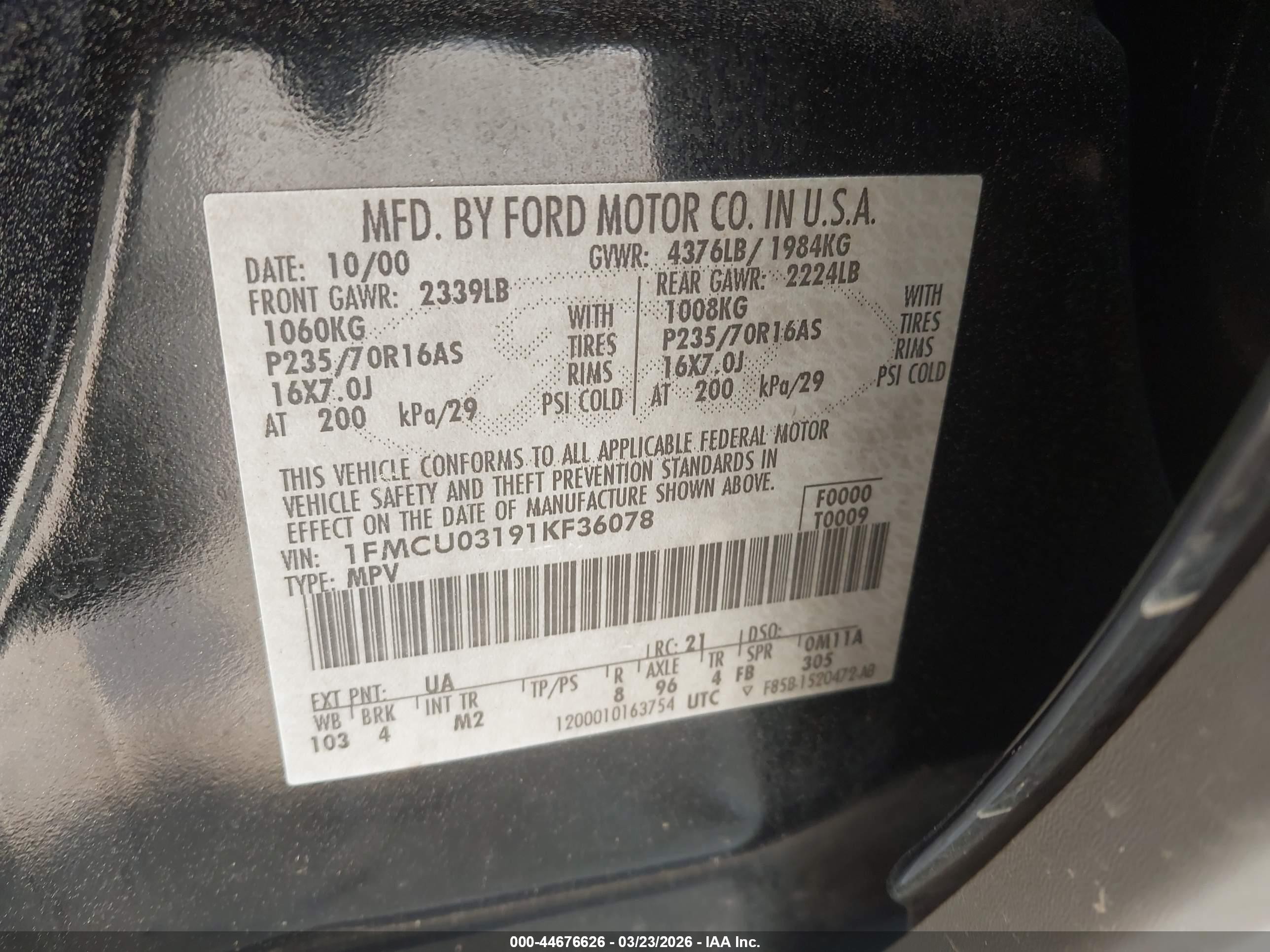 2001 Ford Escape Xlt Black vin: 1FMCU03191KF36078