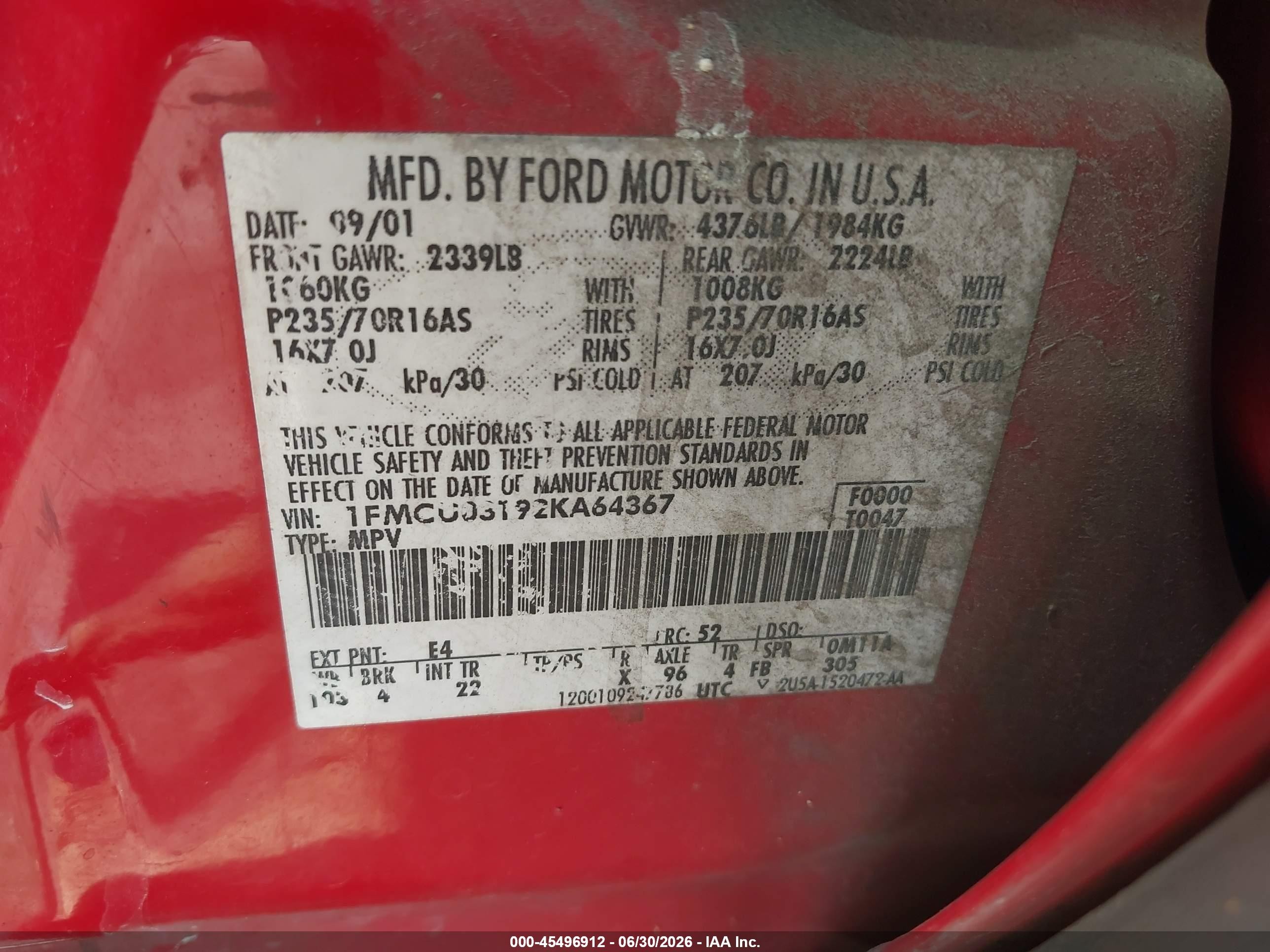 2002 Ford Escape Xlt Red vin: 1FMCU03192KA64367