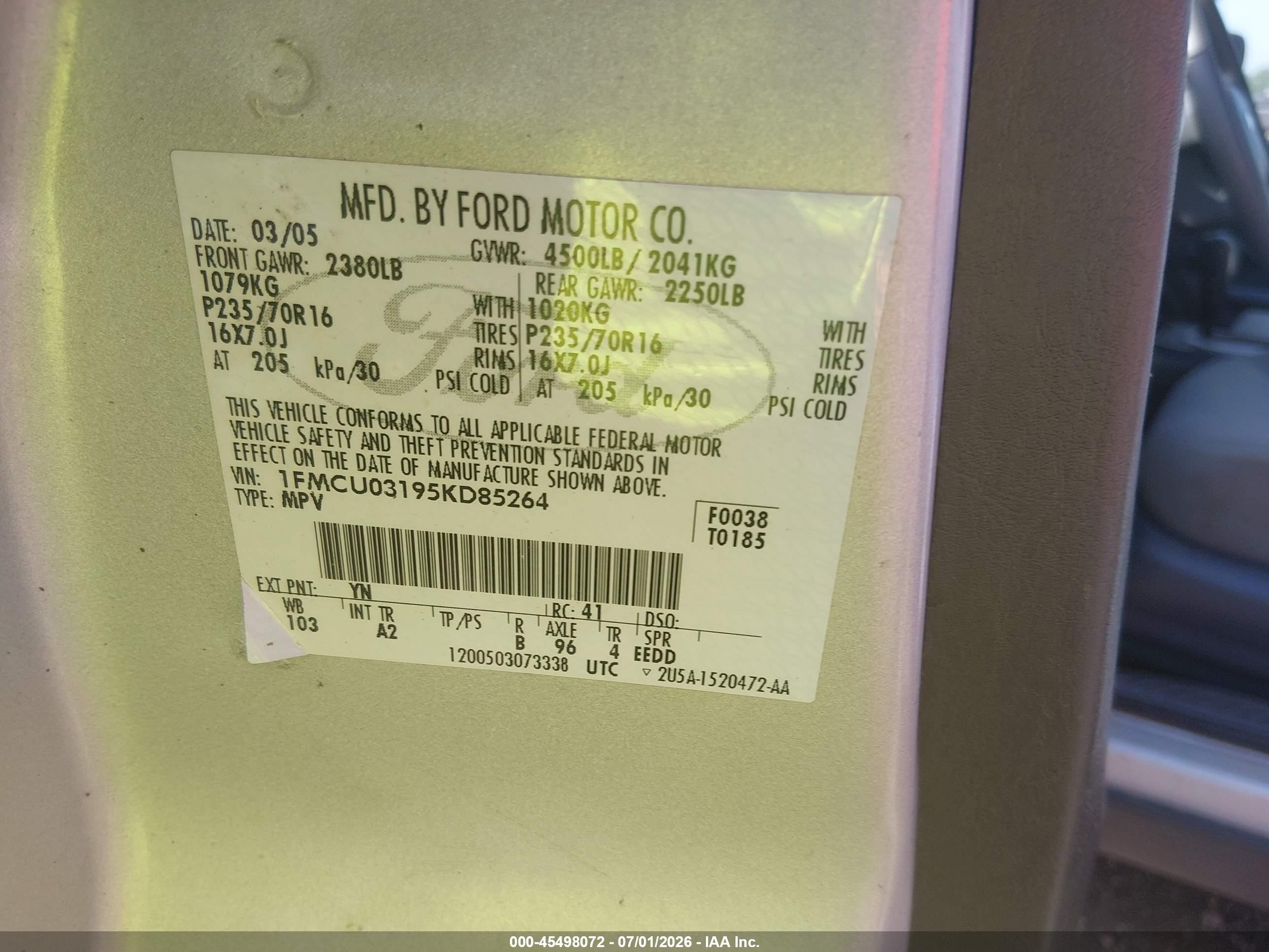 2005 Ford Escape Xlt Silver vin: 1FMCU03195KD85264