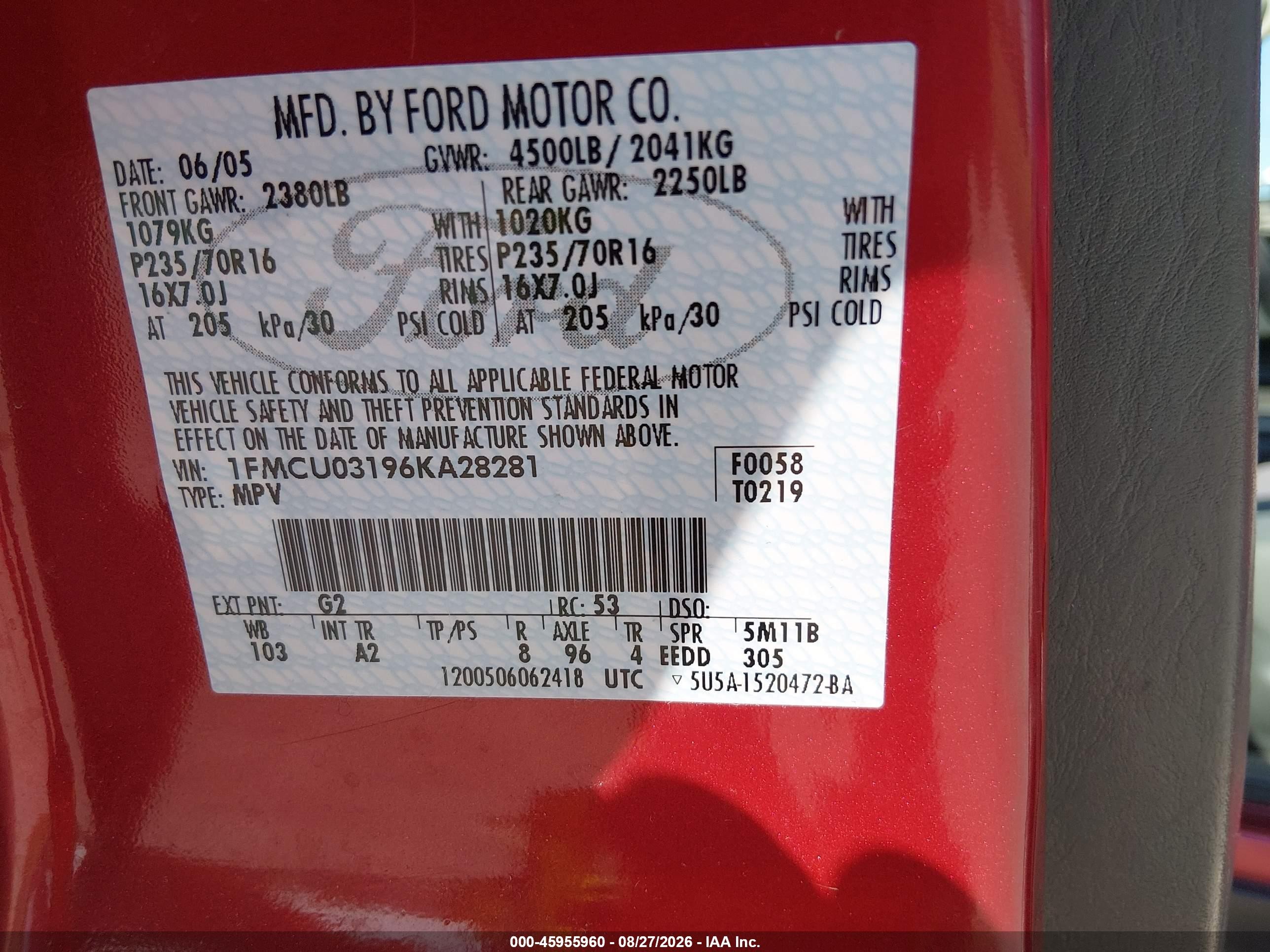 2006 Ford Escape Xlt/xlt Sport Red vin: 1FMCU03196KA28281