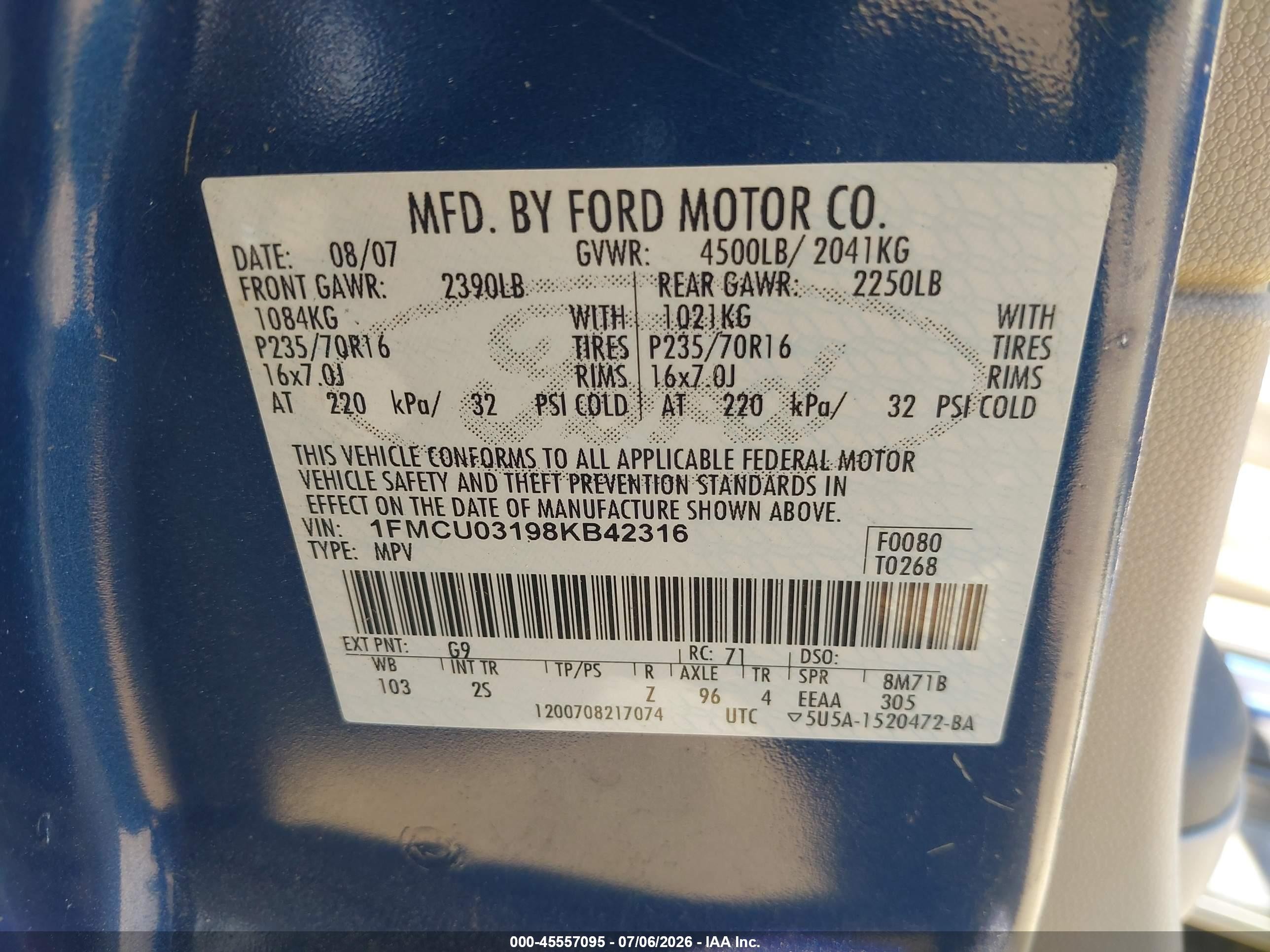 2008 Ford Escape Xlt Blue vin: 1FMCU03198KB42316