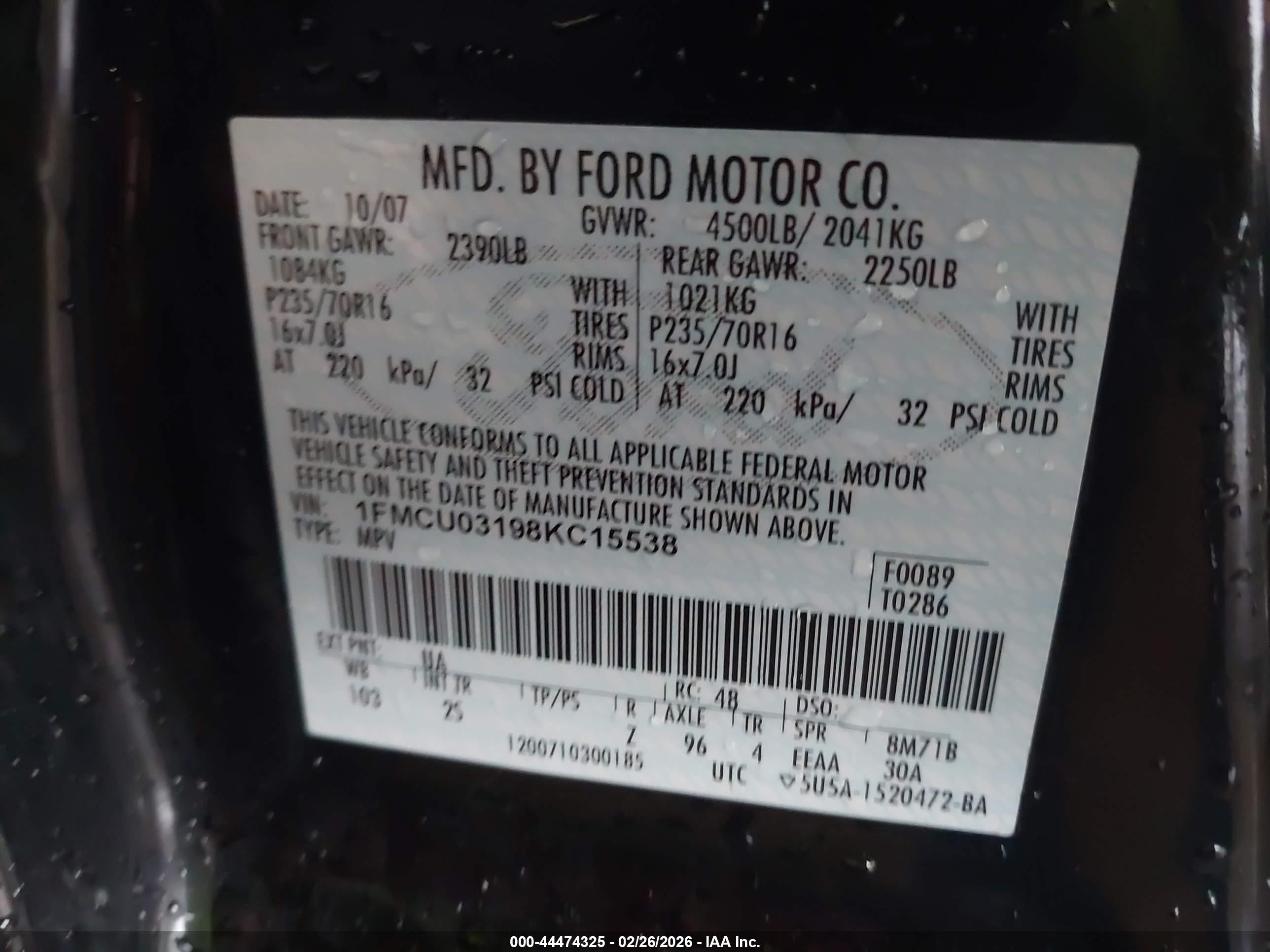 2008 Ford Escape Xlt Black vin: 1FMCU03198KC15538