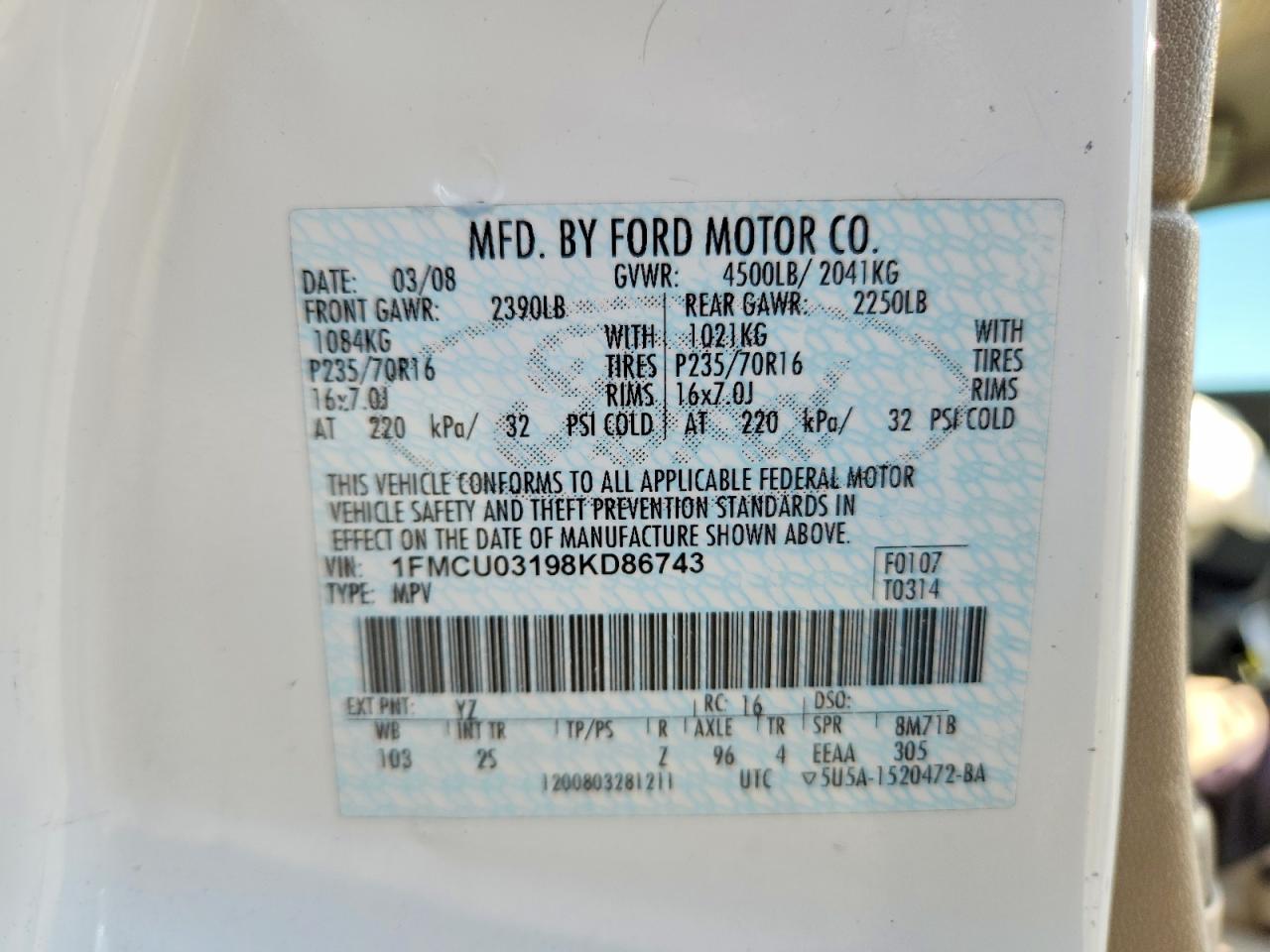 2008 Ford Escape Xlt White vin: 1FMCU03198KD86743