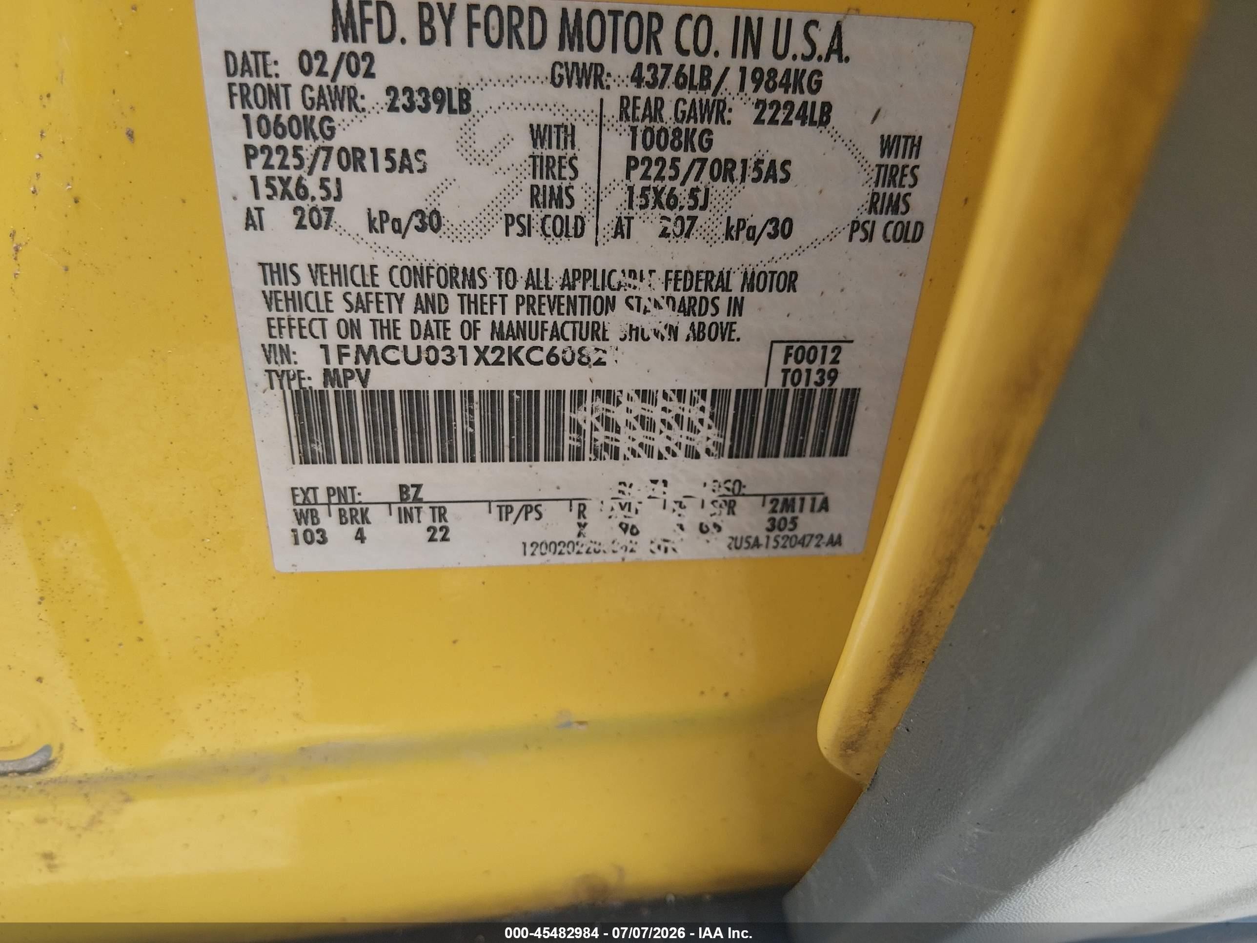 2002 Ford Escape Xlt Yellow vin: 1FMCU031X2KC60821