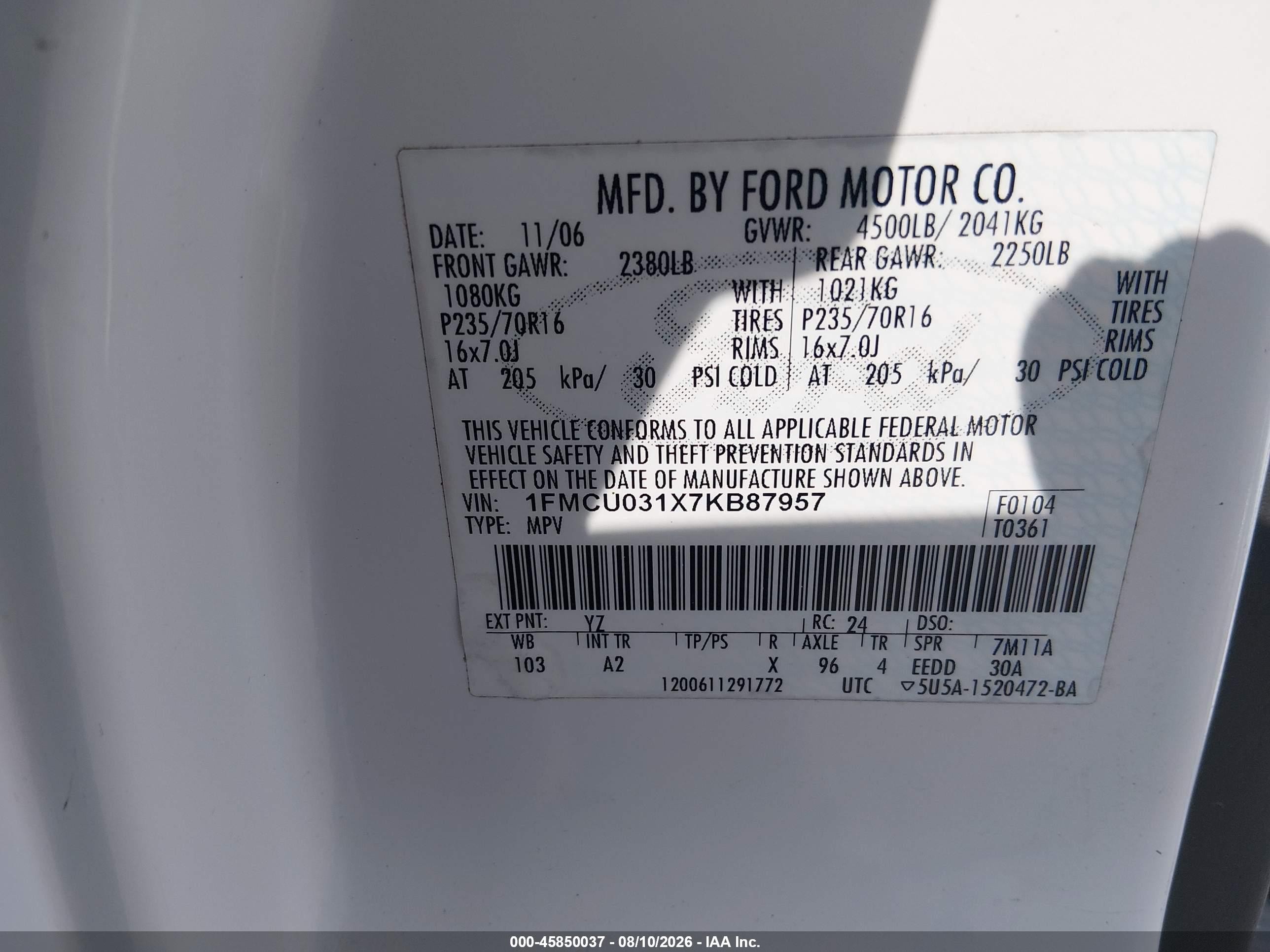 2007 Ford Escape Xlt/xlt Sport White vin: 1FMCU031X7KB87957