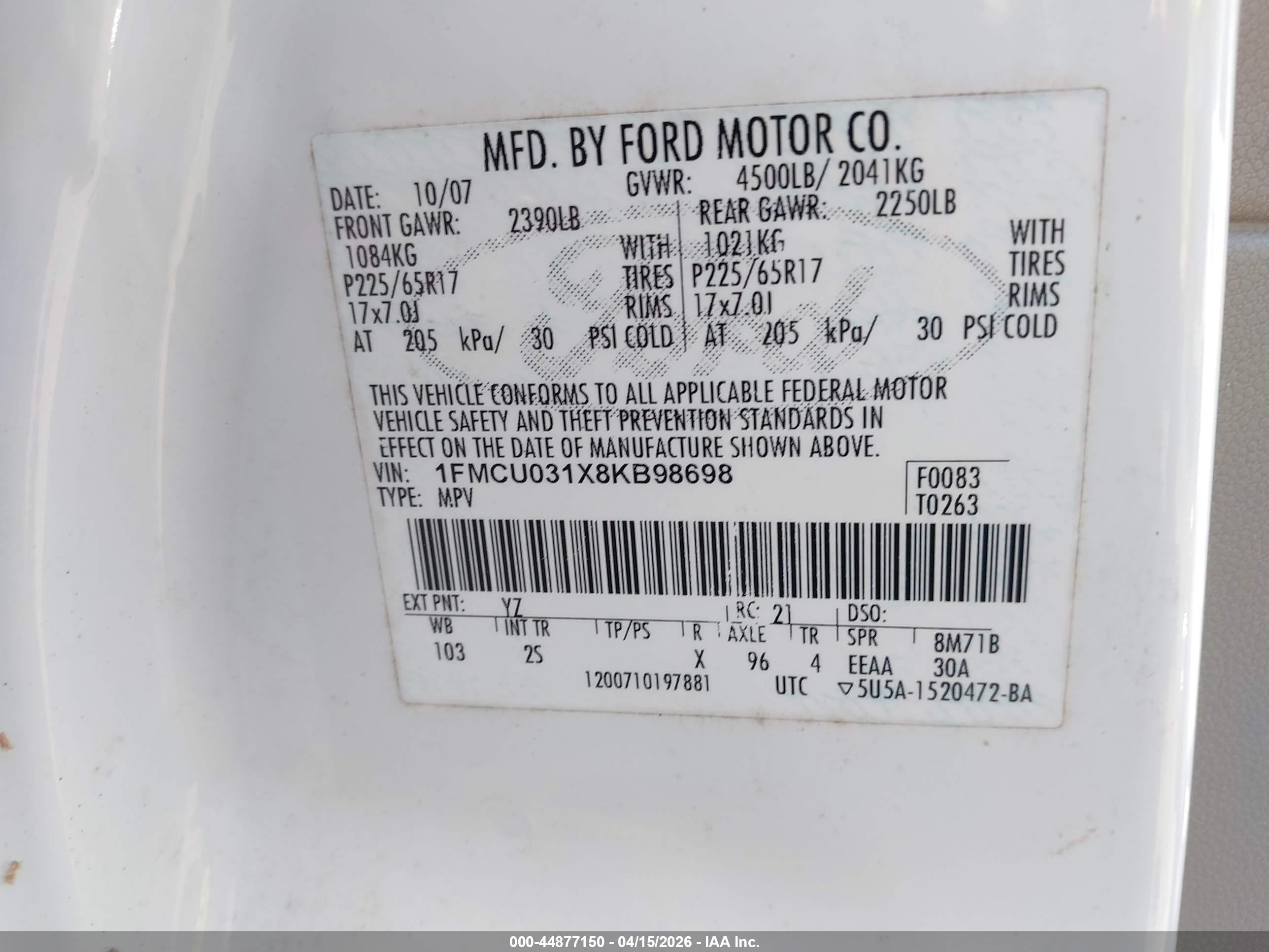 2008 Ford Escape Xlt Белый vin: 1FMCU031X8KB98698