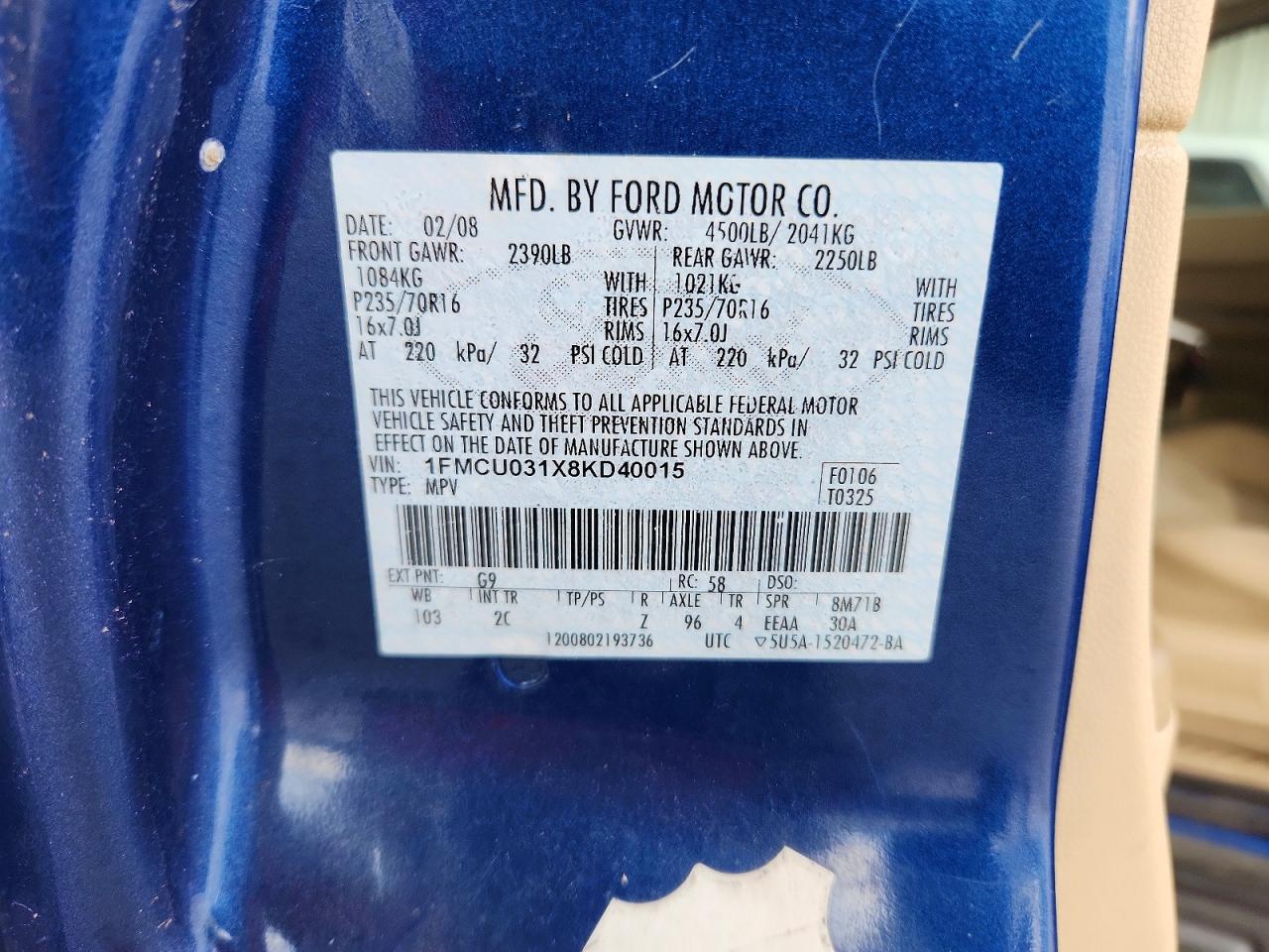 2008 Ford Escape Xlt Blue vin: 1FMCU031X8KD40015
