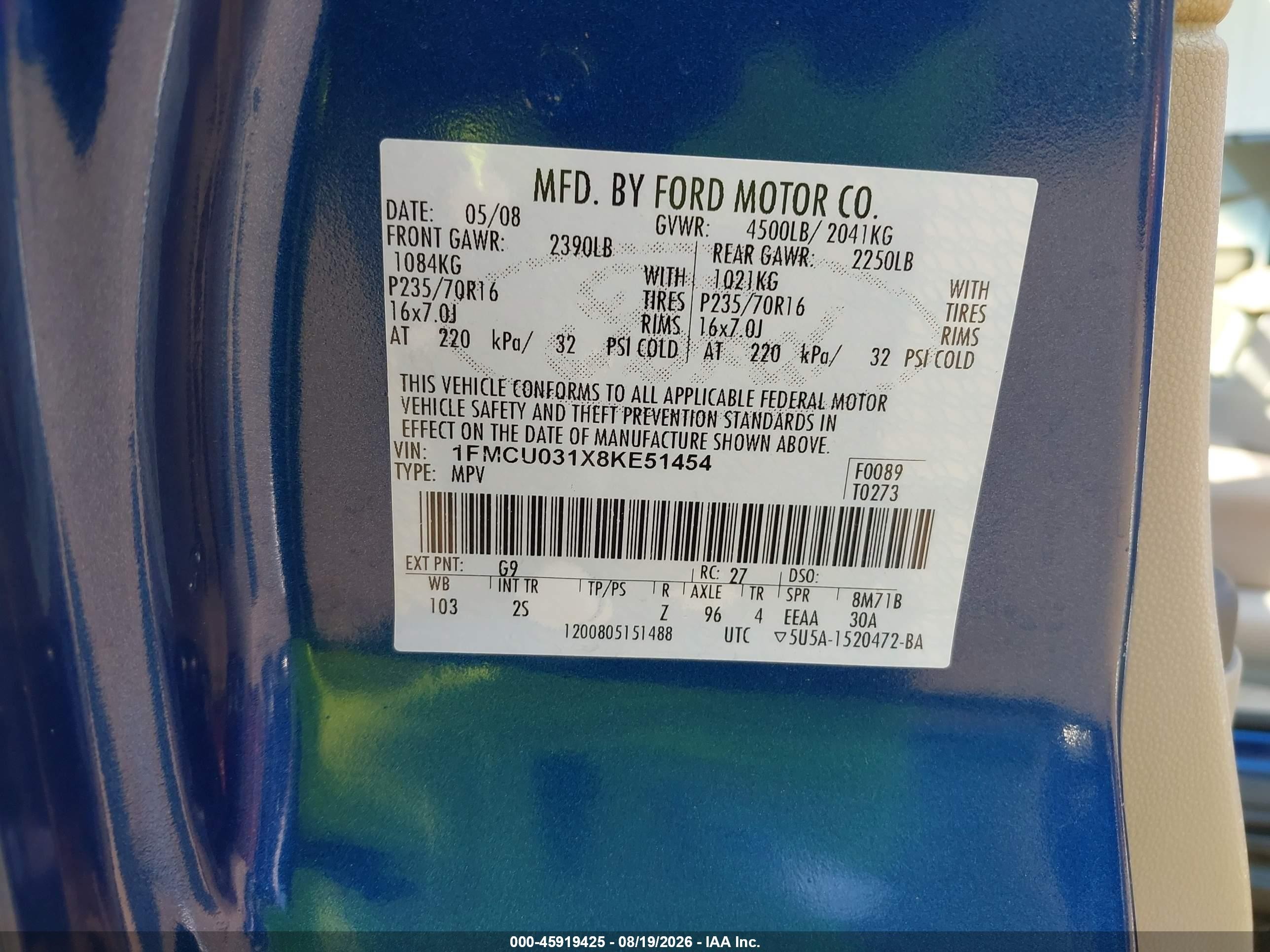 2008 Ford Escape Xlt Blue vin: 1FMCU031X8KE51454