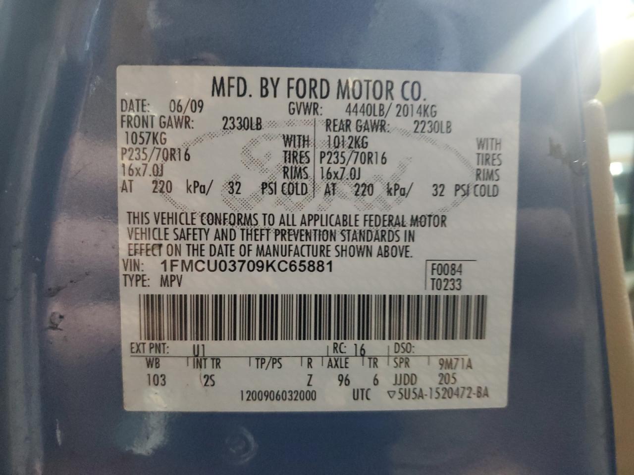 2009 Ford Escape Xlt Blue vin: 1FMCU03709KC65881