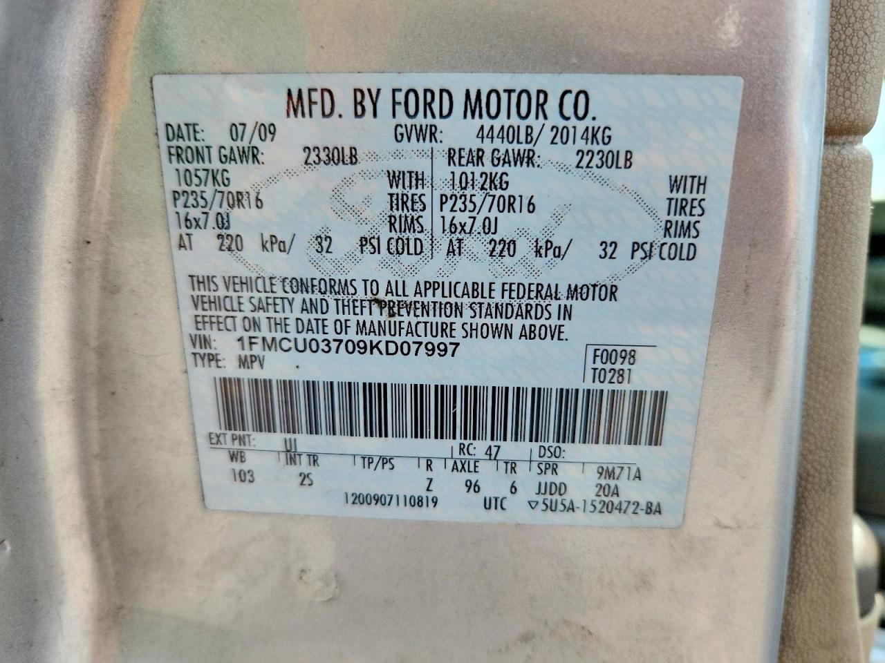2009 Ford Escape Xlt Серебряный vin: 1FMCU03709KD07997