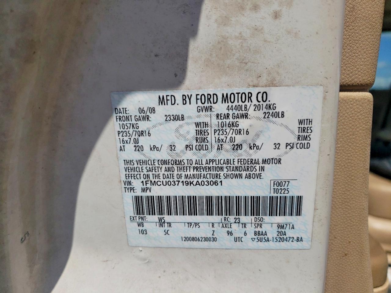 2009 Ford Escape Xlt White vin: 1FMCU03719KA03061
