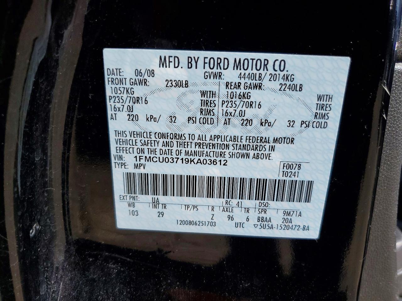 2009 Ford Escape Xlt Black vin: 1FMCU03719KA03612