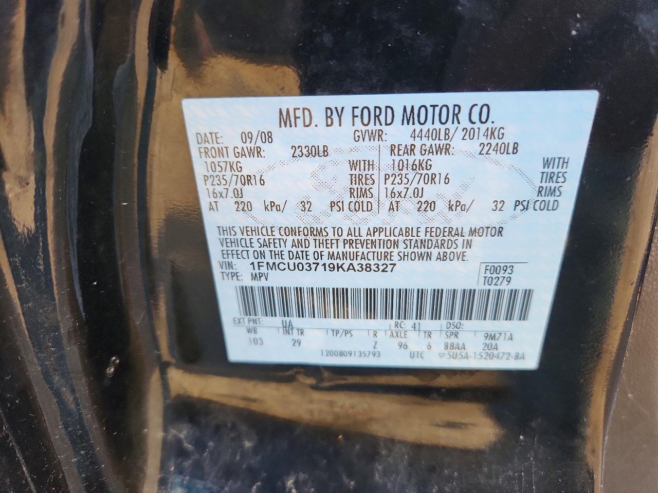 2009 Ford Escape Xlt Black vin: 1FMCU03719KA38327