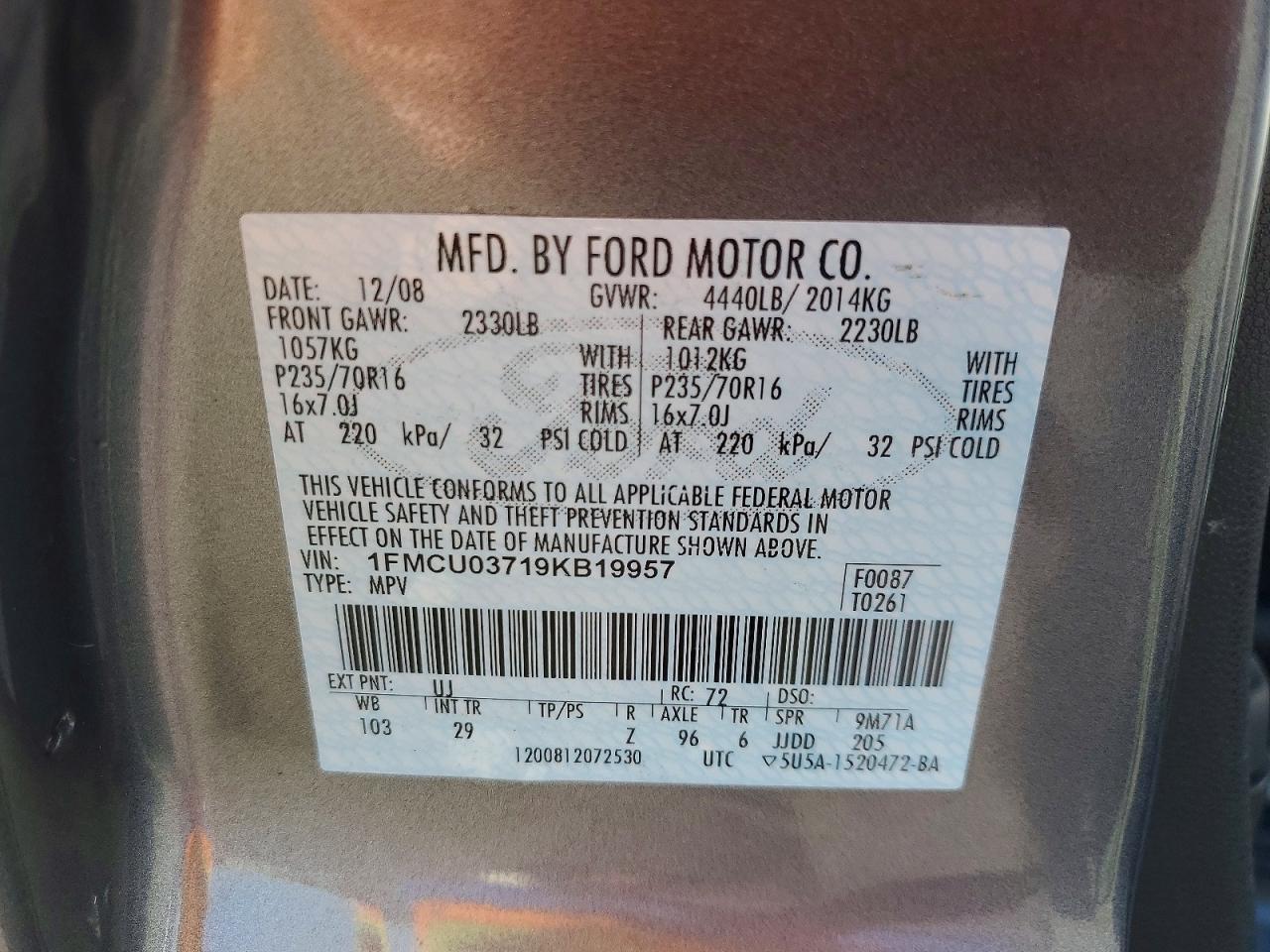 2009 Ford Escape Xlt Gray vin: 1FMCU03719KB19957