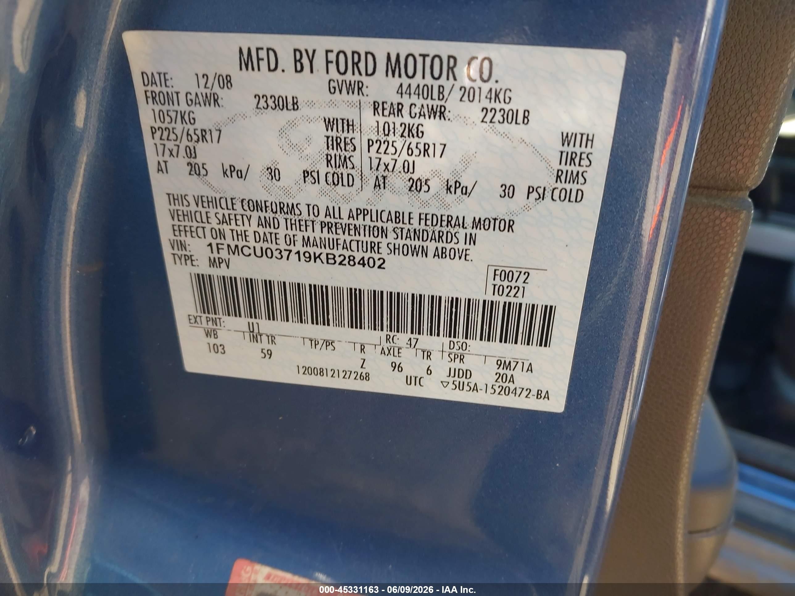 2009 Ford Escape Xlt Blue vin: 1FMCU03719KB28402
