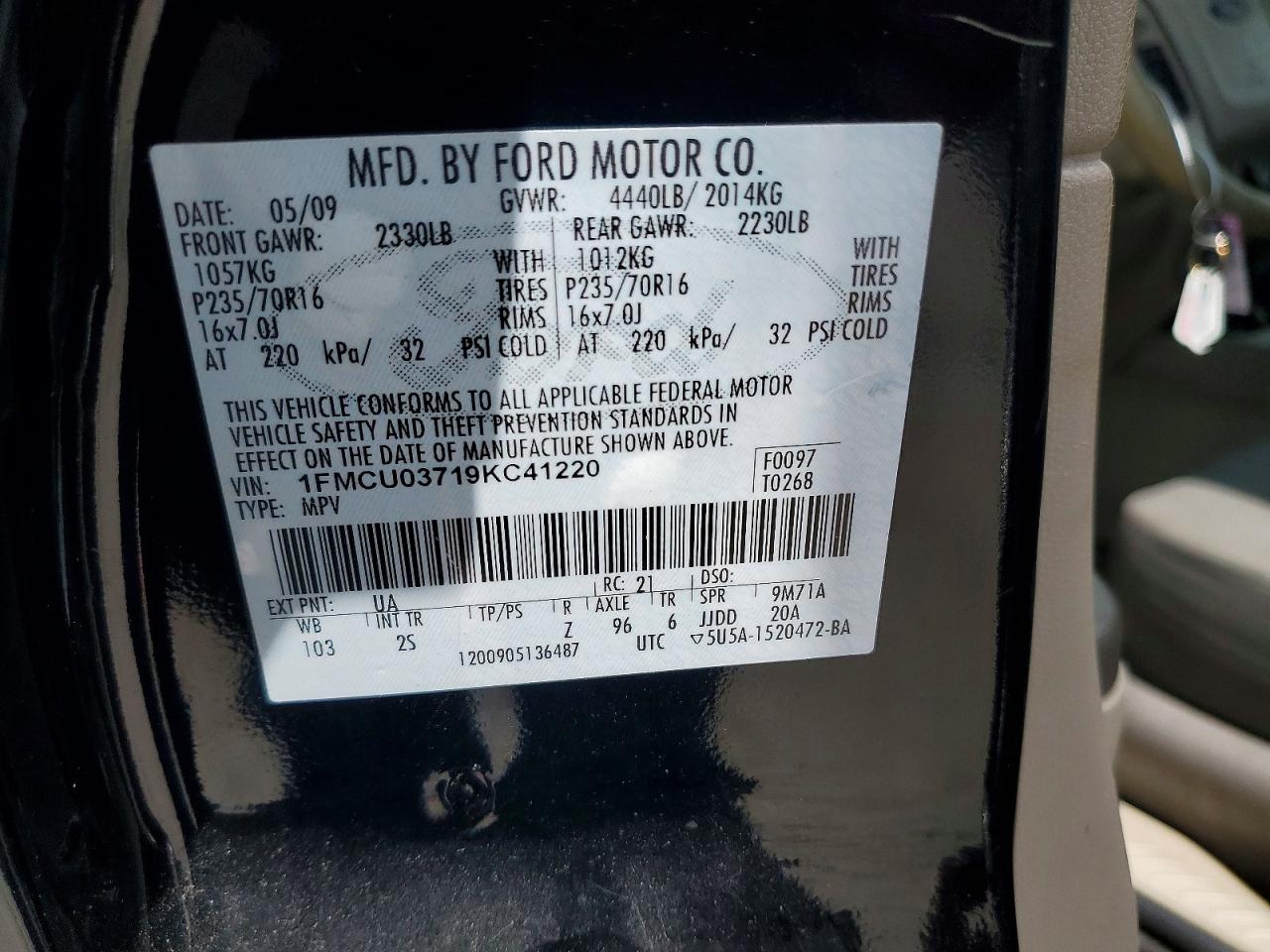 2009 Ford Escape Xlt Black vin: 1FMCU03719KC41220
