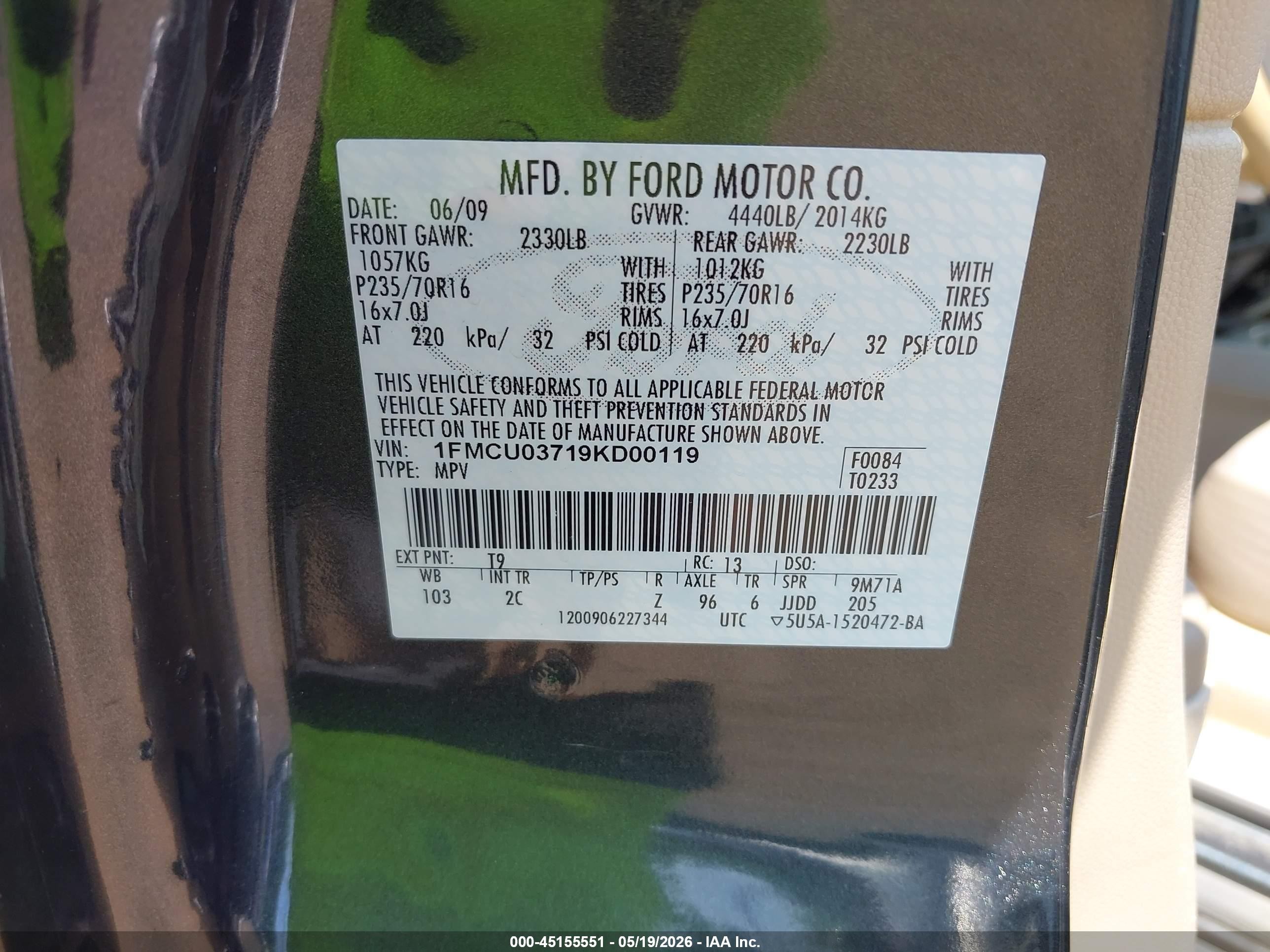 2009 Ford Escape Xlt Gray vin: 1FMCU03719KD00119