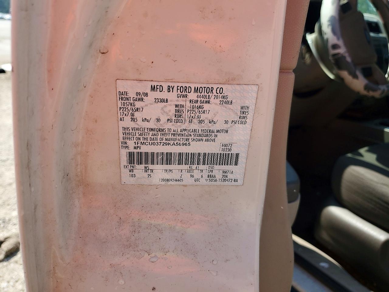 2009 Ford Escape Xlt White vin: 1FMCU03729KA56965
