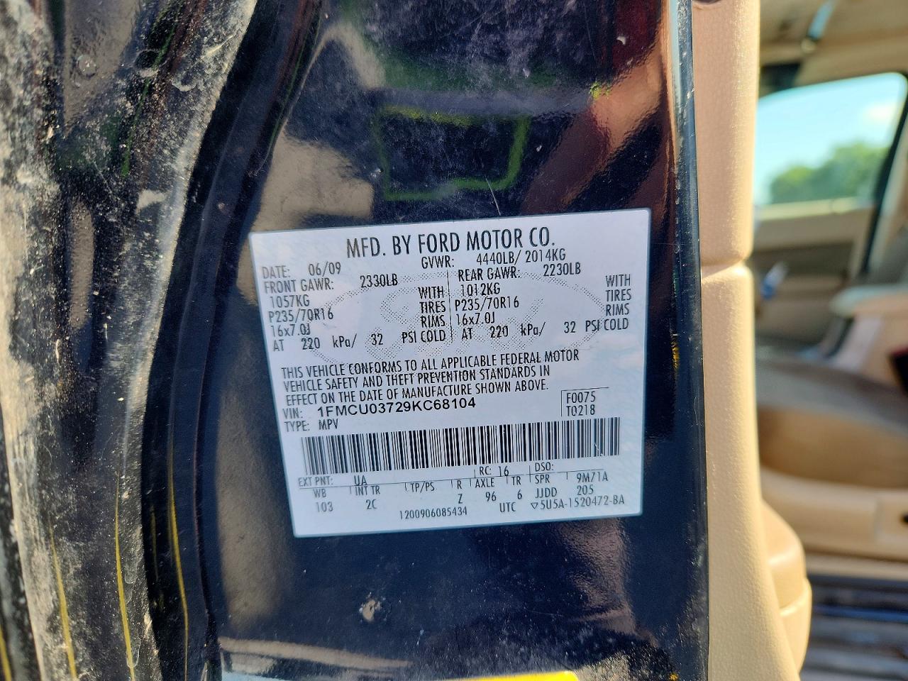 2009 Ford Escape Xlt Black vin: 1FMCU03729KC68104