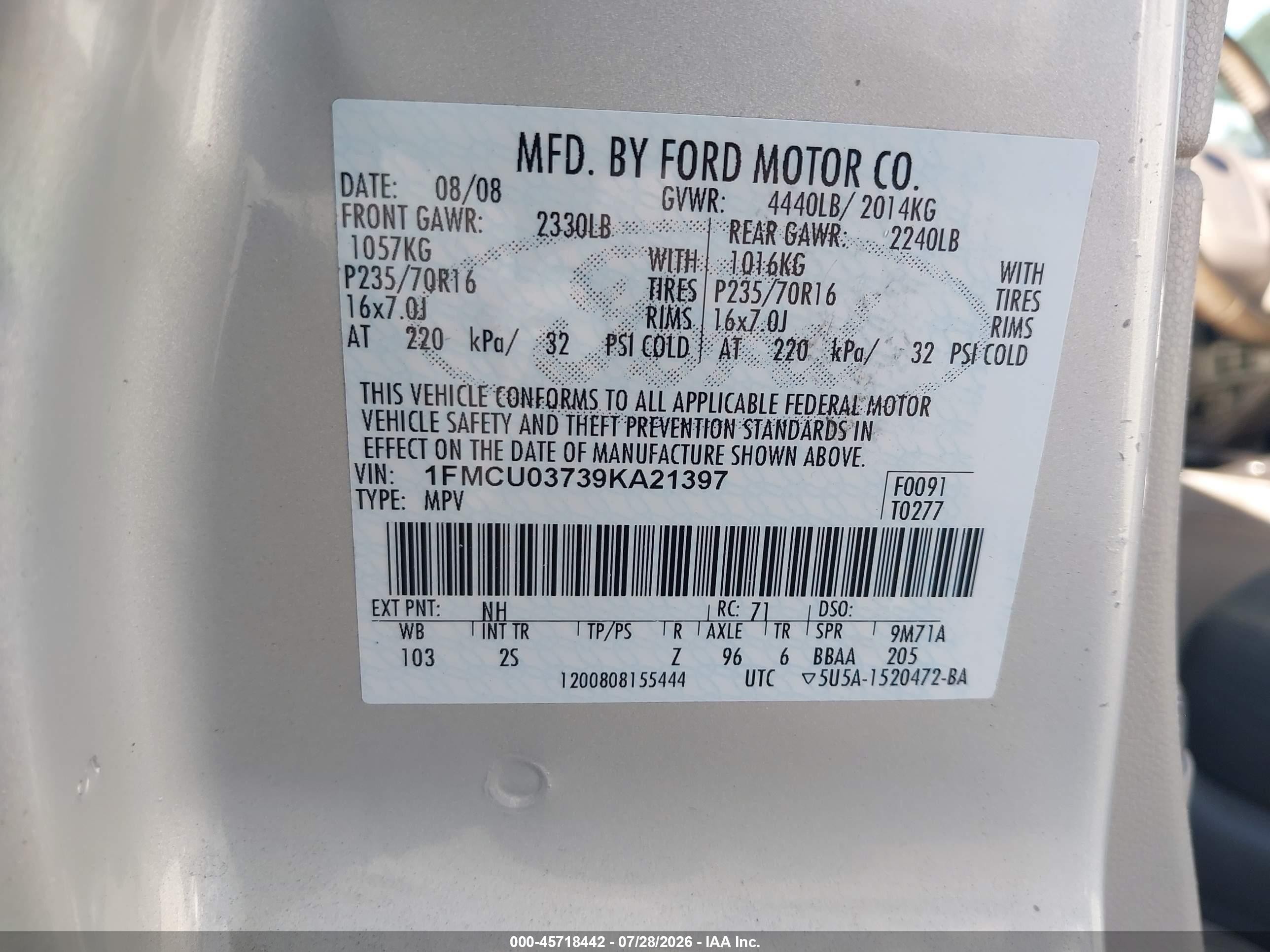2009 Ford Escape Xlt White vin: 1FMCU03739KA21397