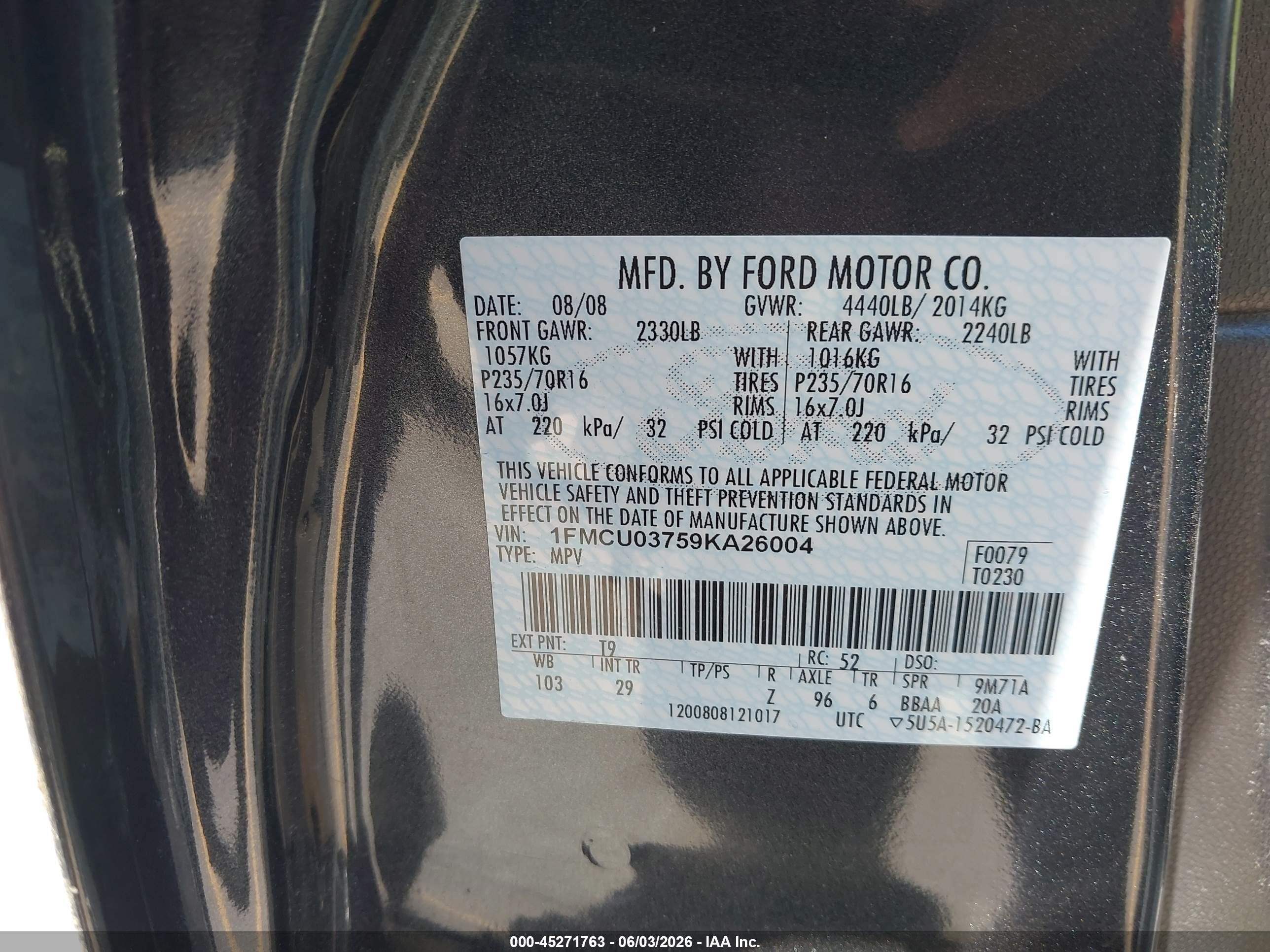 2009 Ford Escape Xlt Черный vin: 1FMCU03759KA26004