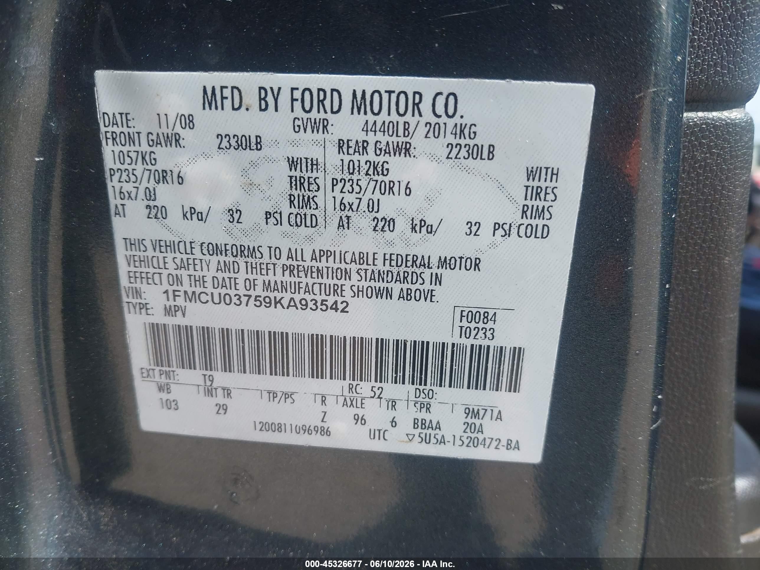 2009 Ford Escape Xlt Gray vin: 1FMCU03759KA93542