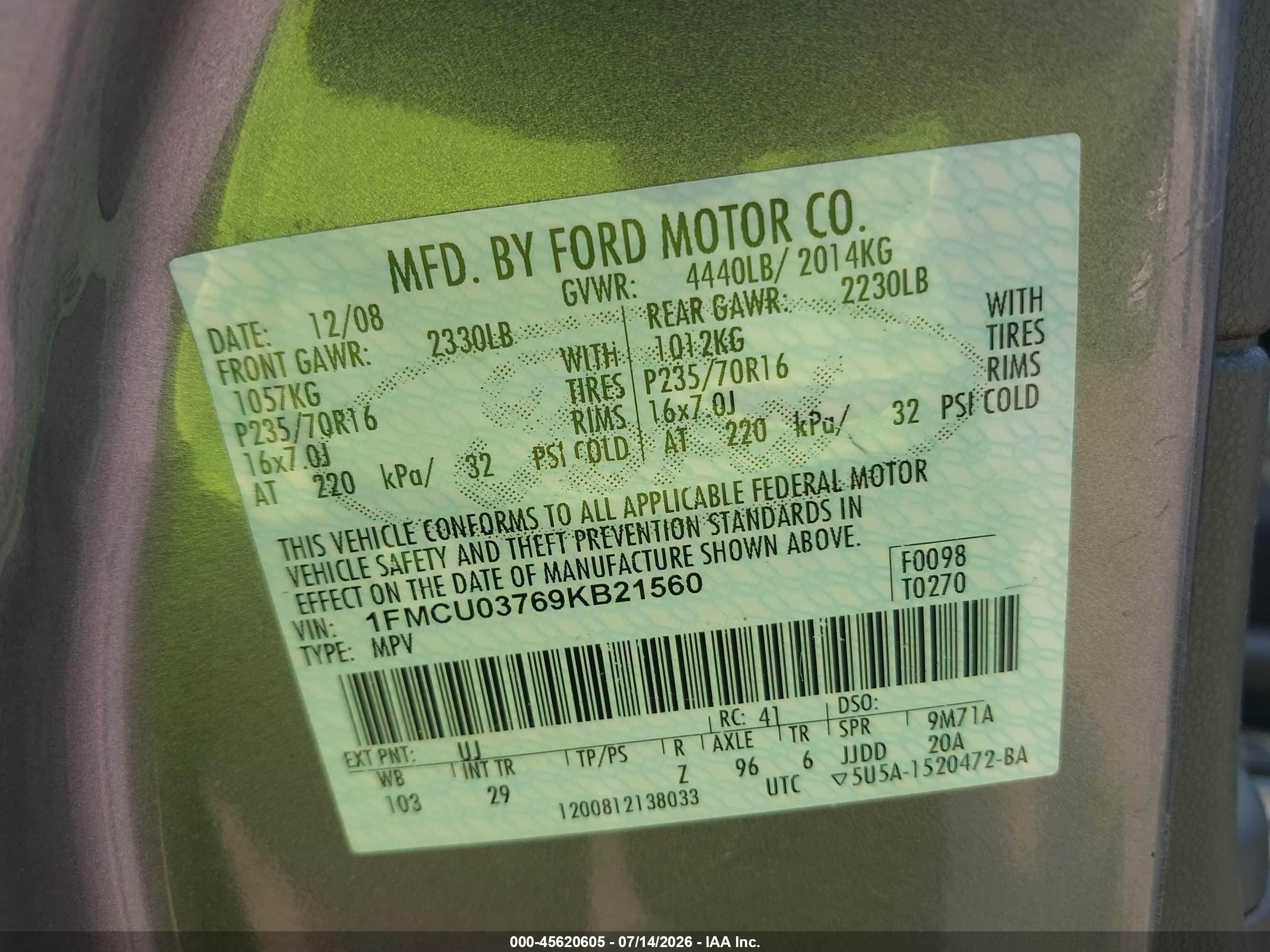 2009 Ford Escape Xlt Gray vin: 1FMCU03769KB21560