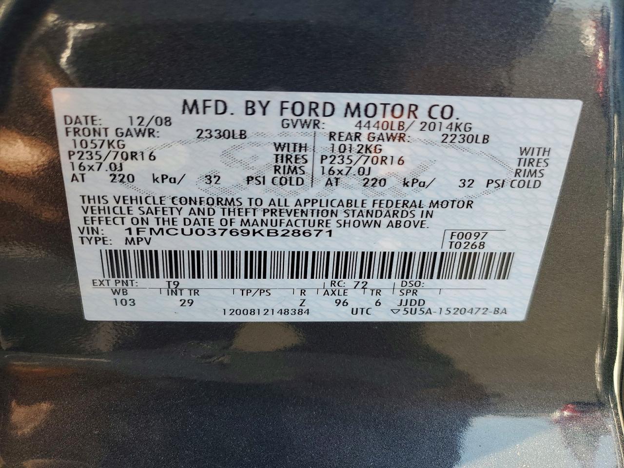 2009 Ford Escape Xlt Blue vin: 1FMCU03769KB28671