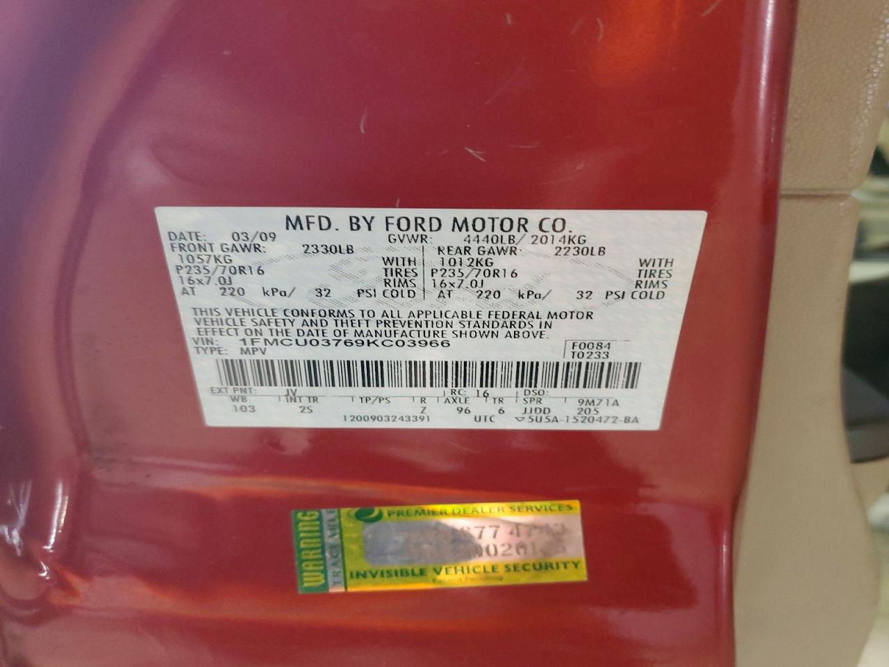 2009 Ford Escape Xlt Red vin: 1FMCU03769KC03966