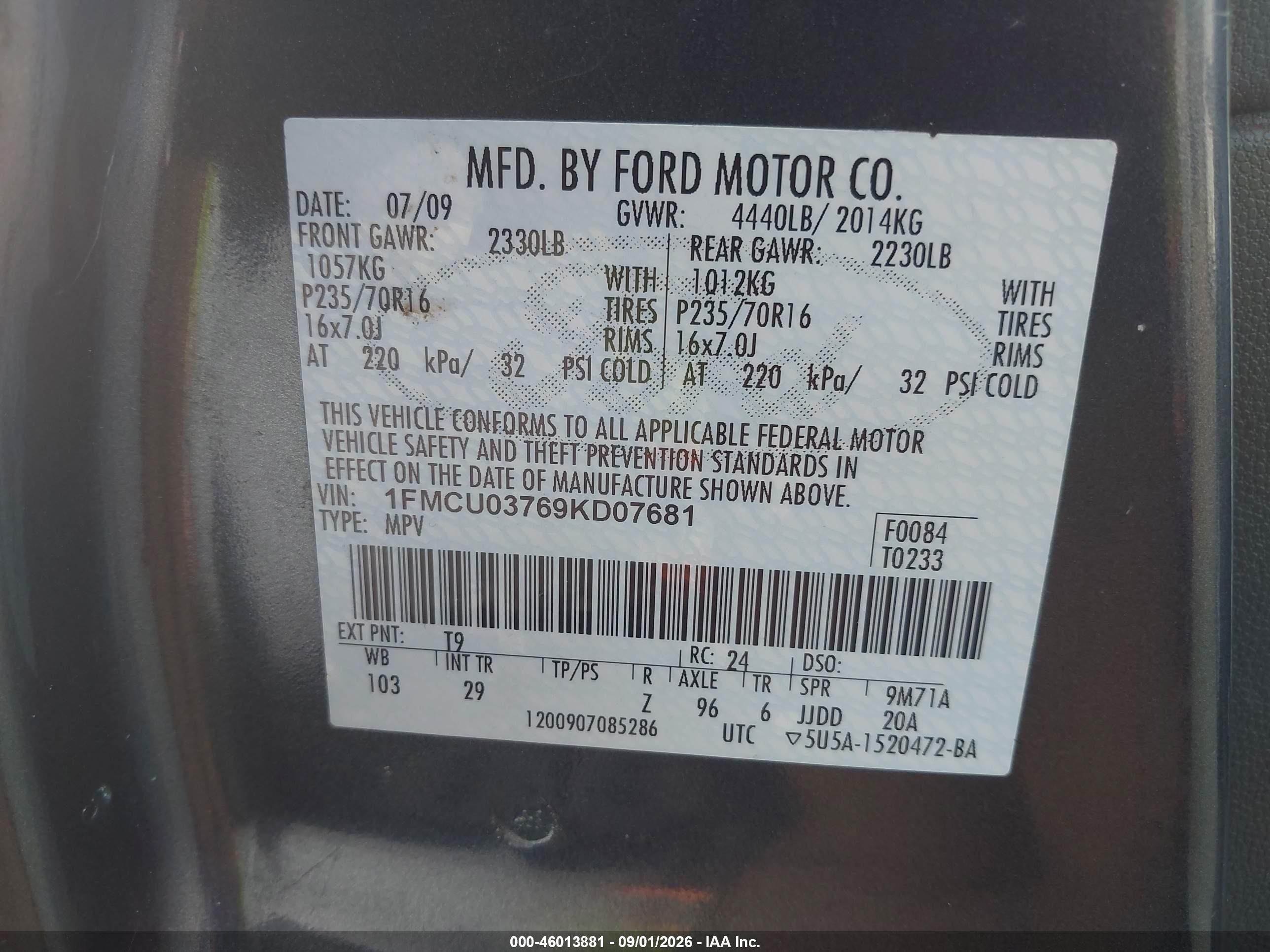 2009 Ford Escape Xlt Gray vin: 1FMCU03769KD07681