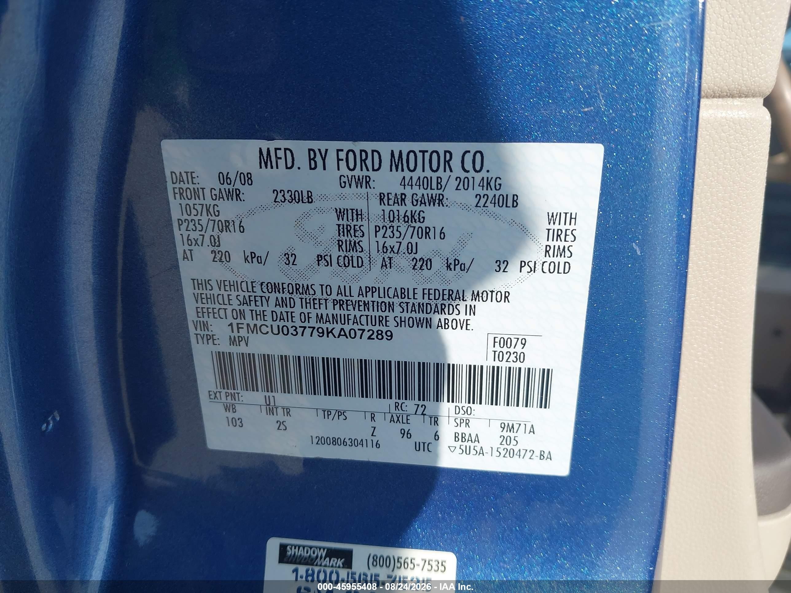 2009 Ford Escape Xlt Blue vin: 1FMCU03779KA07289